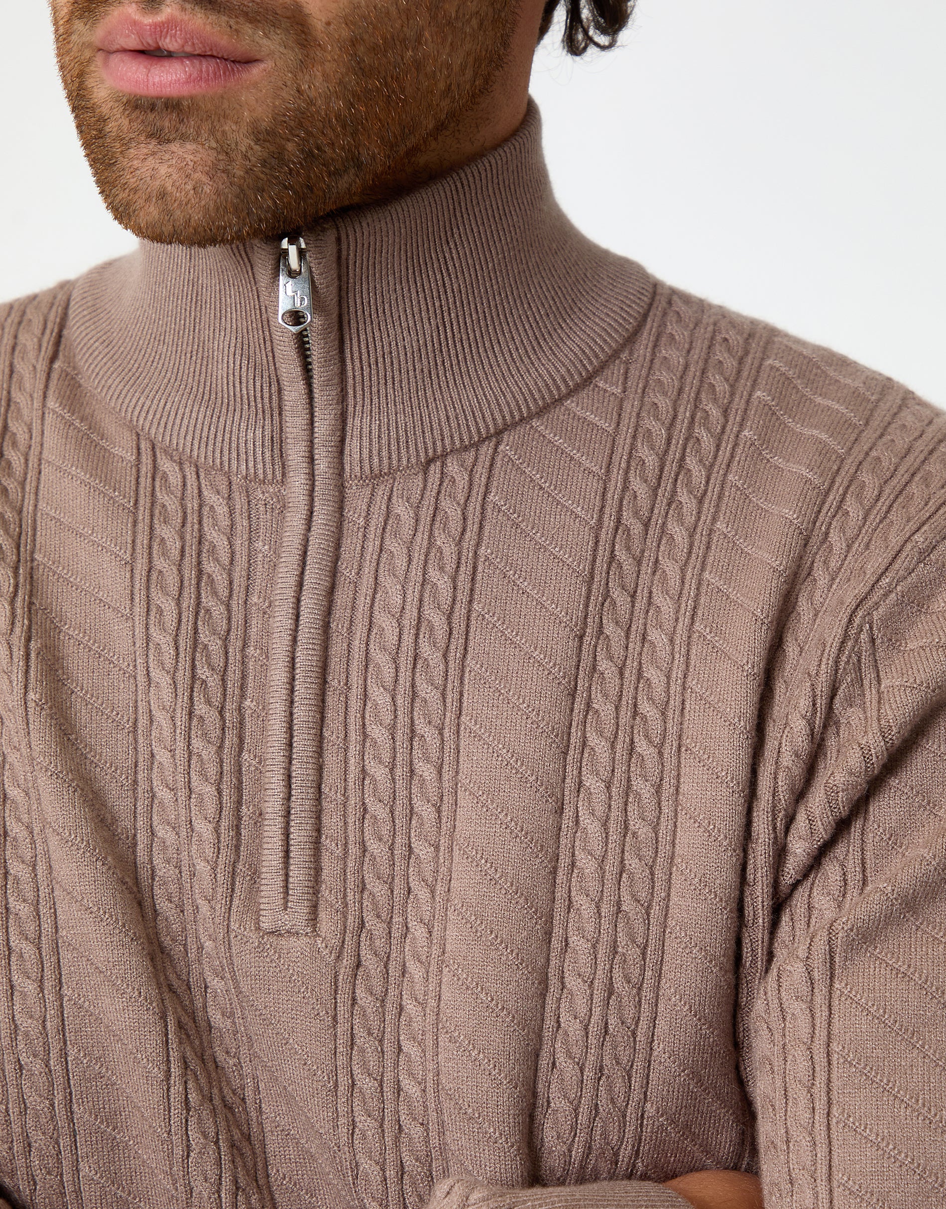 Cable Knit Quarter Zip Jumper in Taupe - Image 4