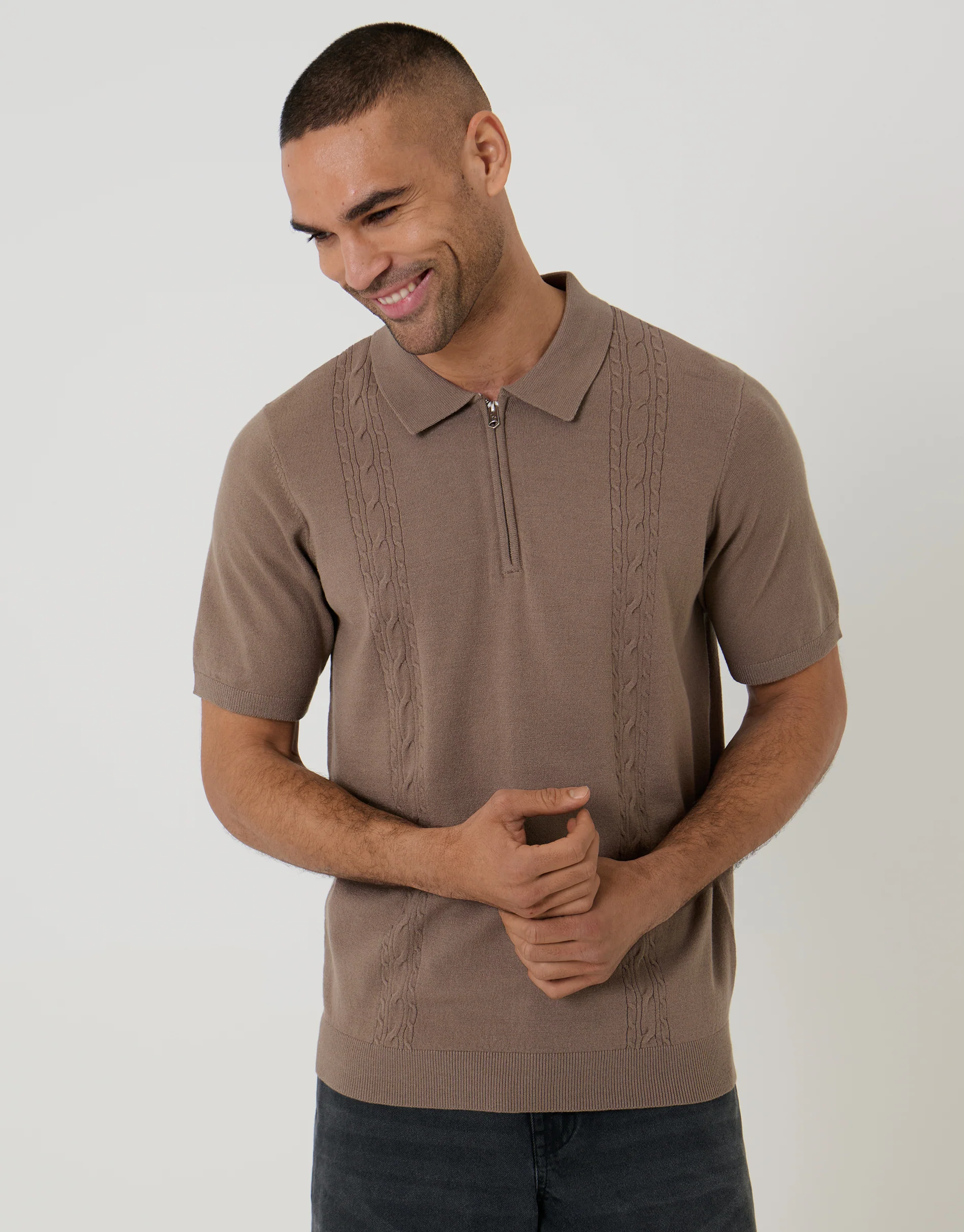 Cable Knit Quarter Zip Polo in Taupe