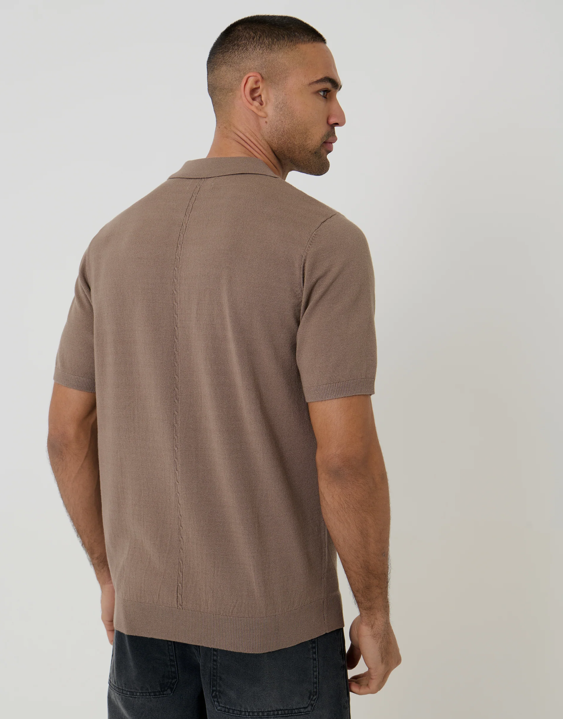 Cable Knit Quarter Zip Polo in Taupe - Image 2