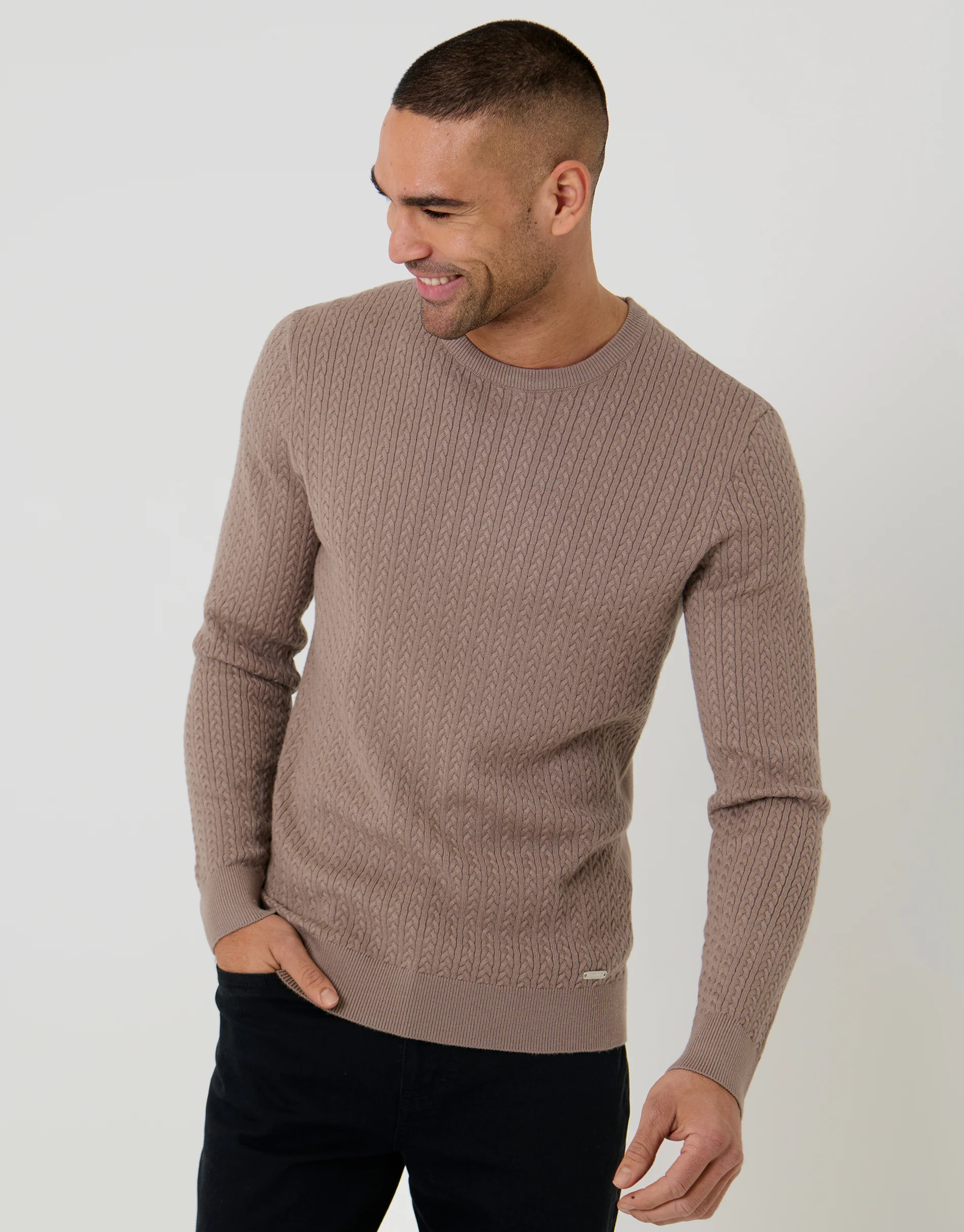 Cable Knit Rib Crew Neck Jumper in Taupe