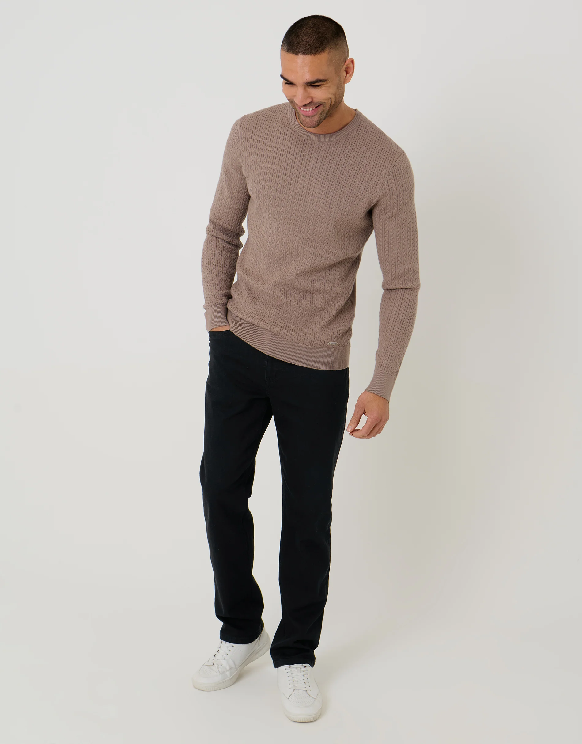 Cable Knit Rib Crew Neck Jumper in Taupe - Image 3