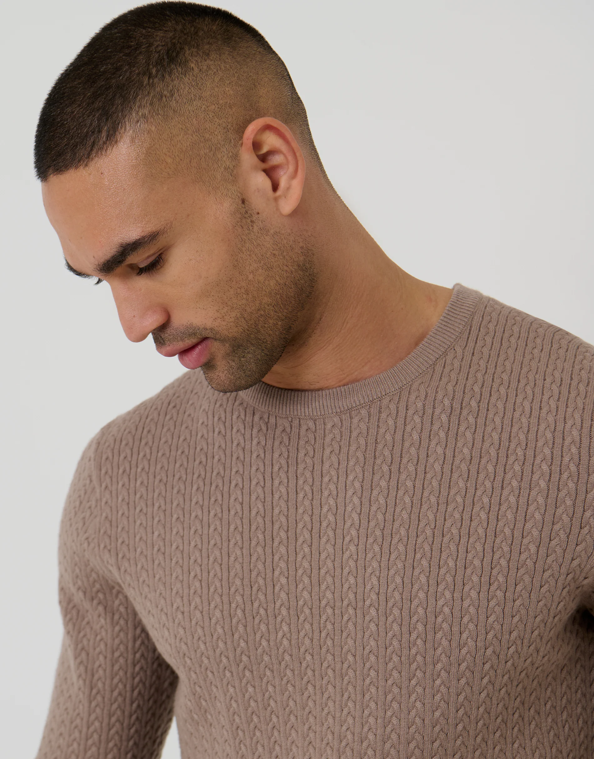 Cable Knit Rib Crew Neck Jumper in Taupe - Image 4