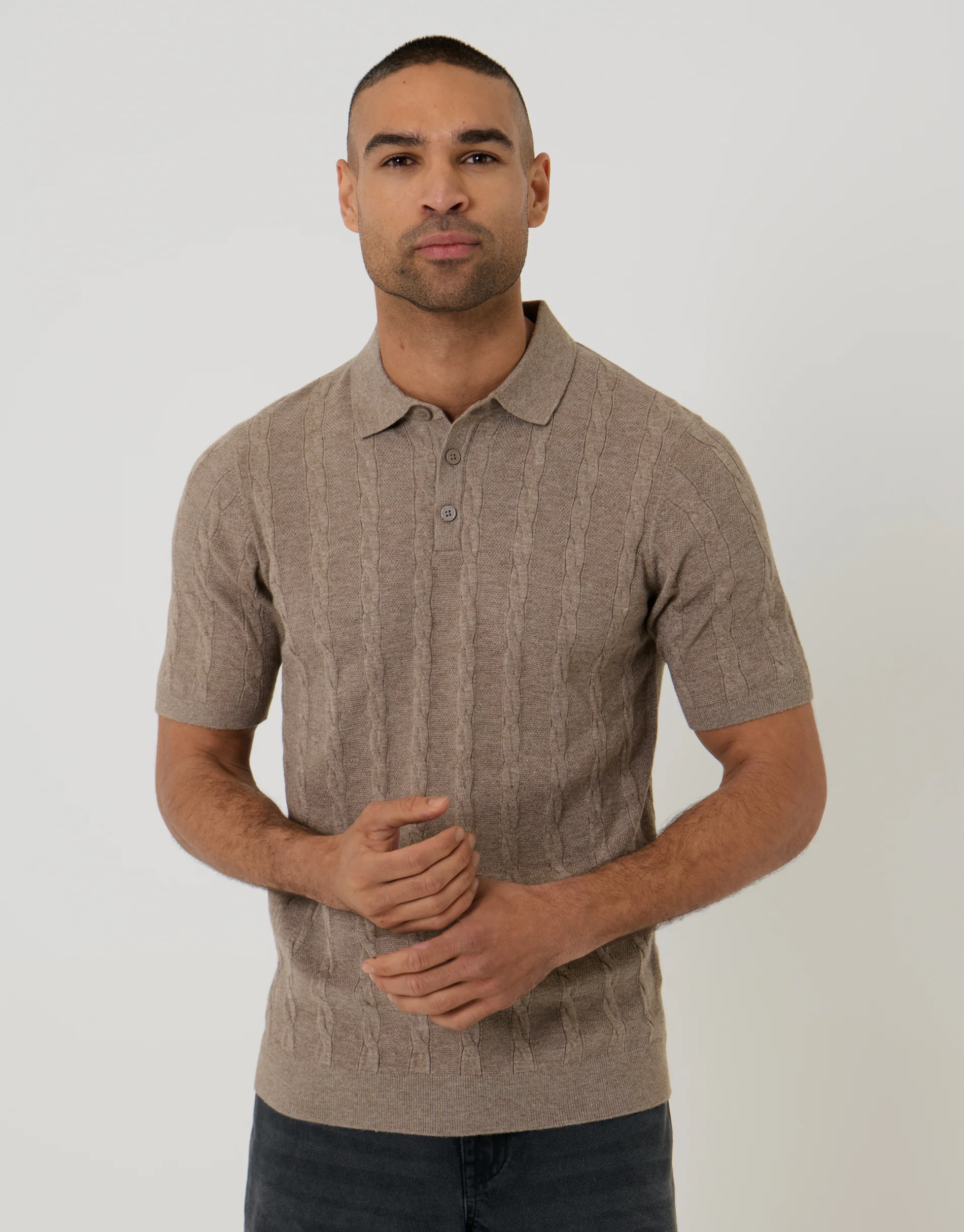 Cable Stripe Knitted Button Polo in Taupe