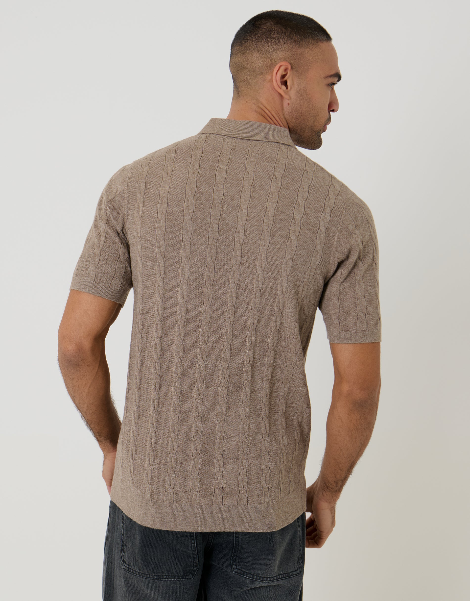 Cable Stripe Knitted Button Polo in Taupe - Image 2