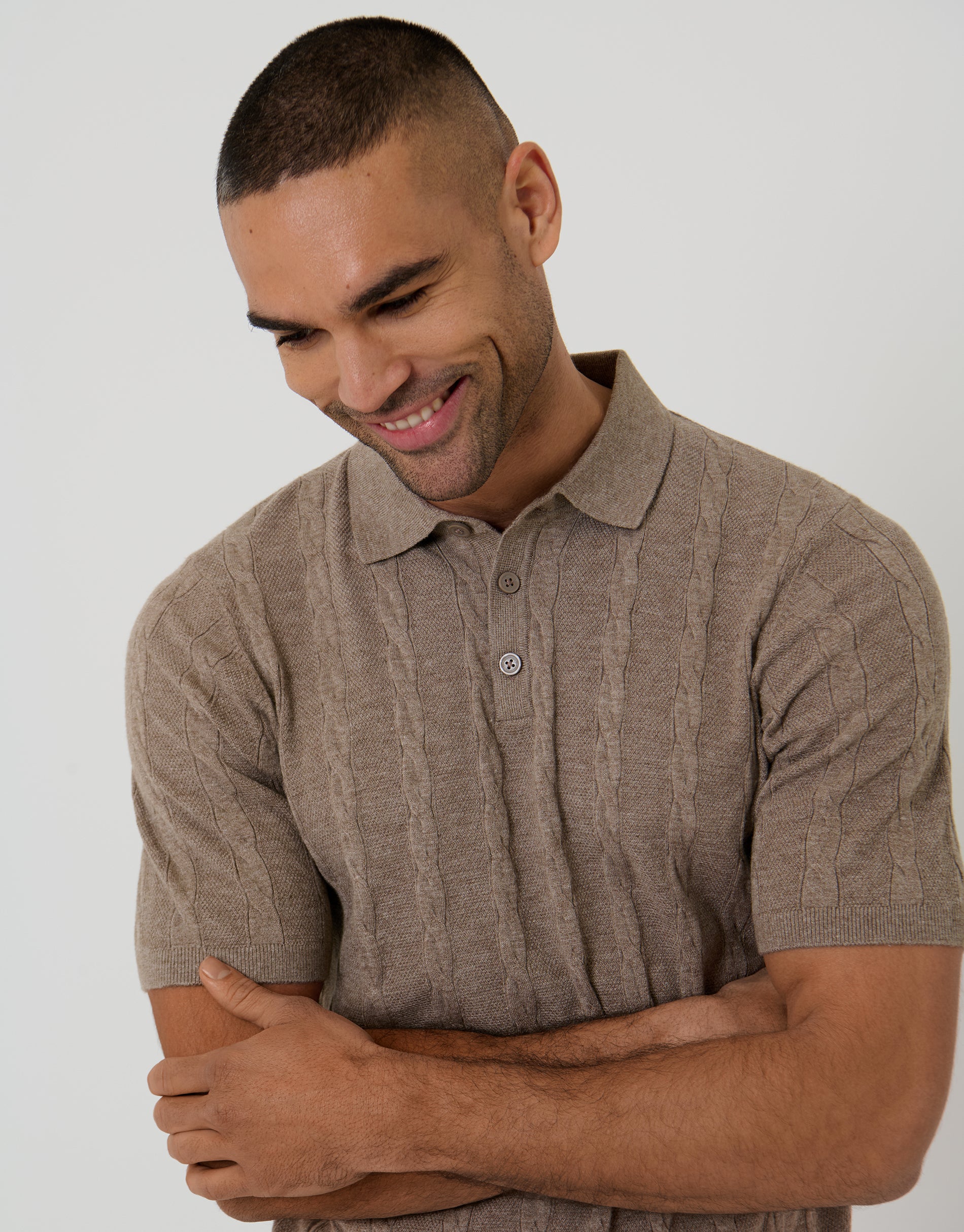 Cable Stripe Knitted Button Polo in Taupe - Image 4
