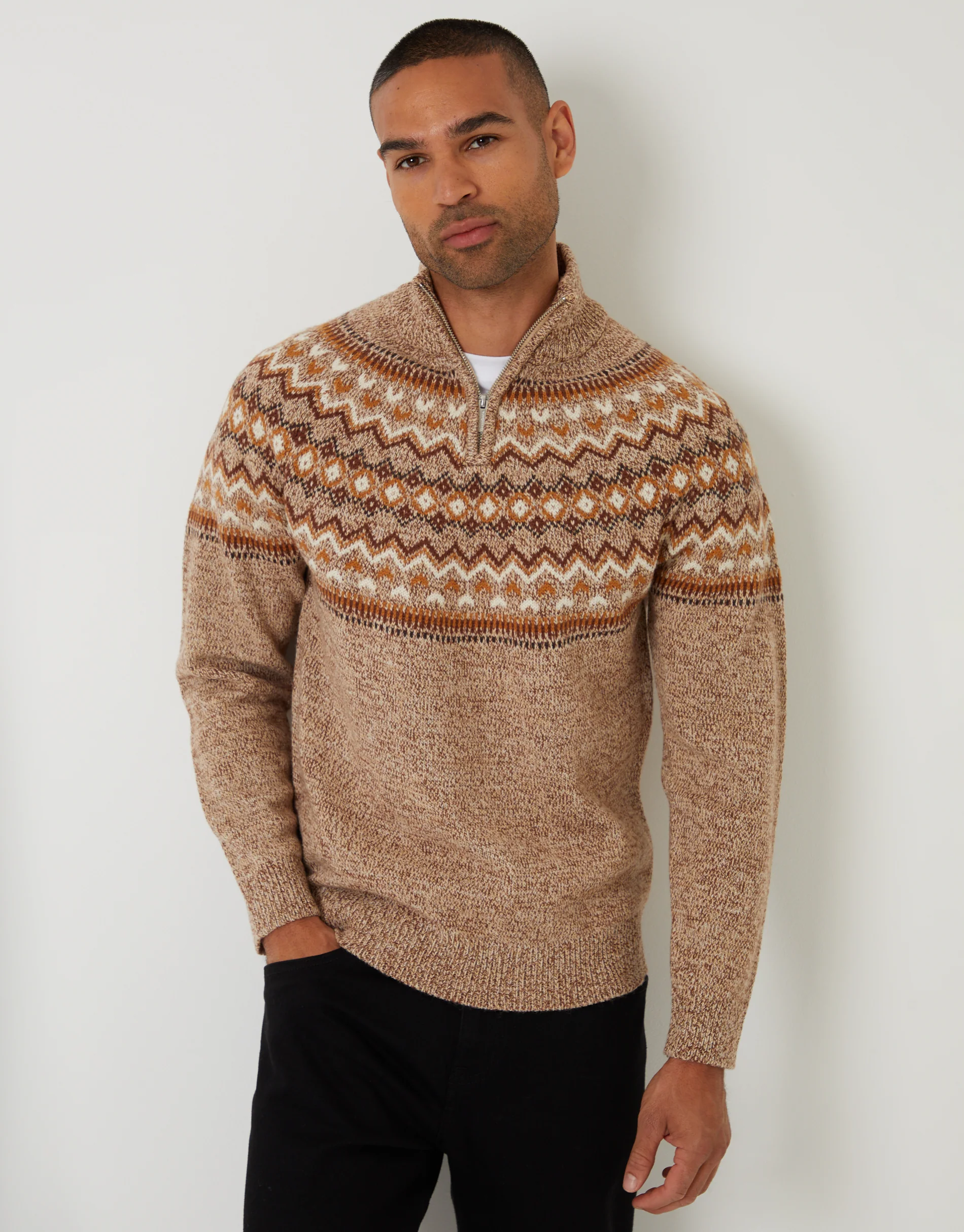 Fairisle Knitted Quarter Zip Jumper in Taupe - Image 2