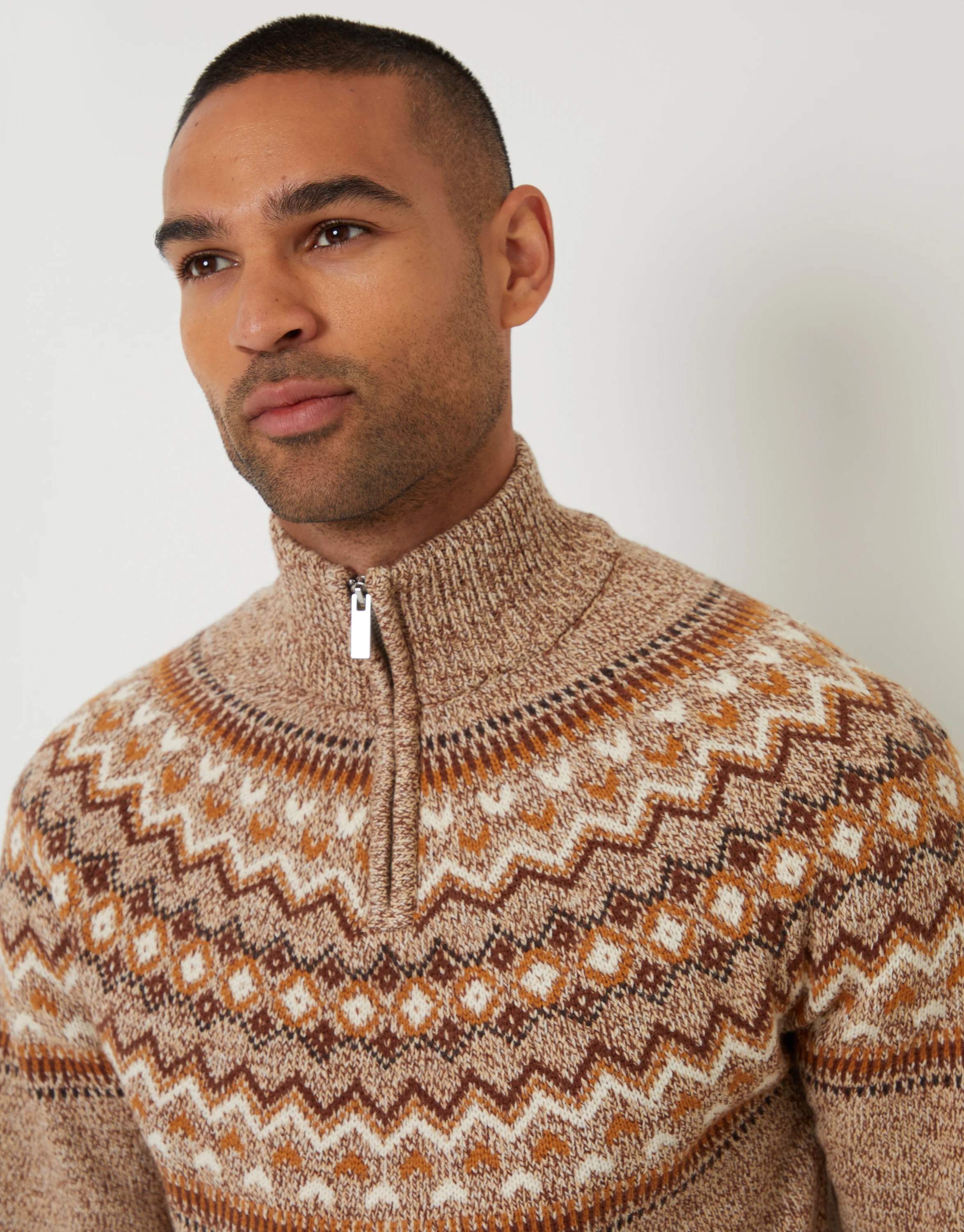 Fairisle Knitted Quarter Zip Jumper in Taupe - Image 5
