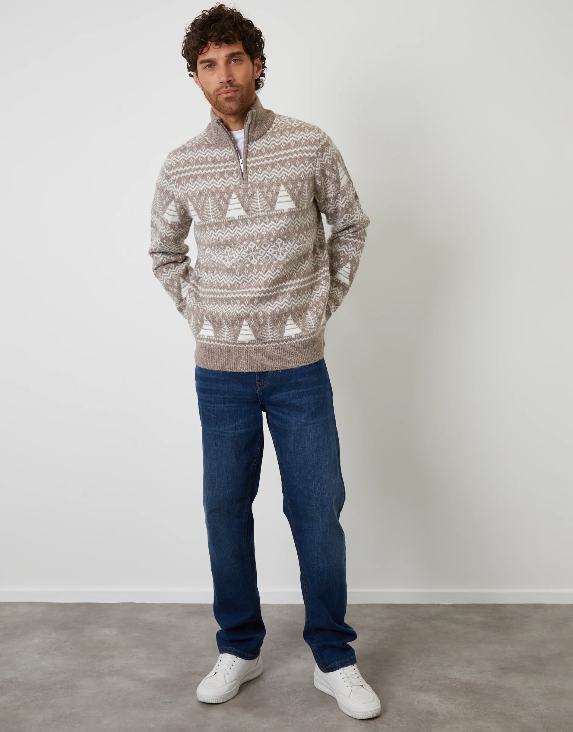 Fairisle Quarter Zip Jumper in Taupe - Image 3