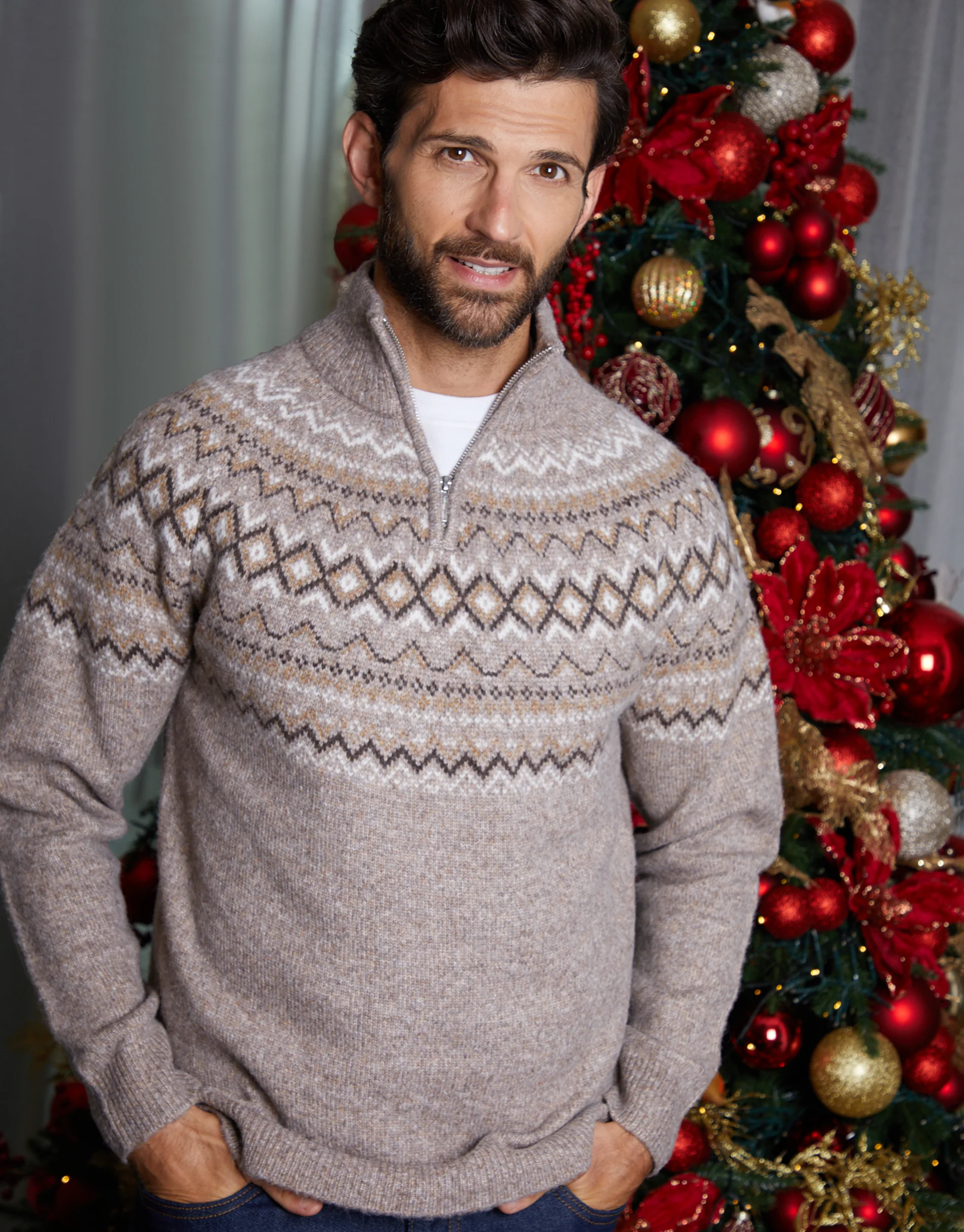 Fairisle Quarter Zip Knitted Jumper in Taupe