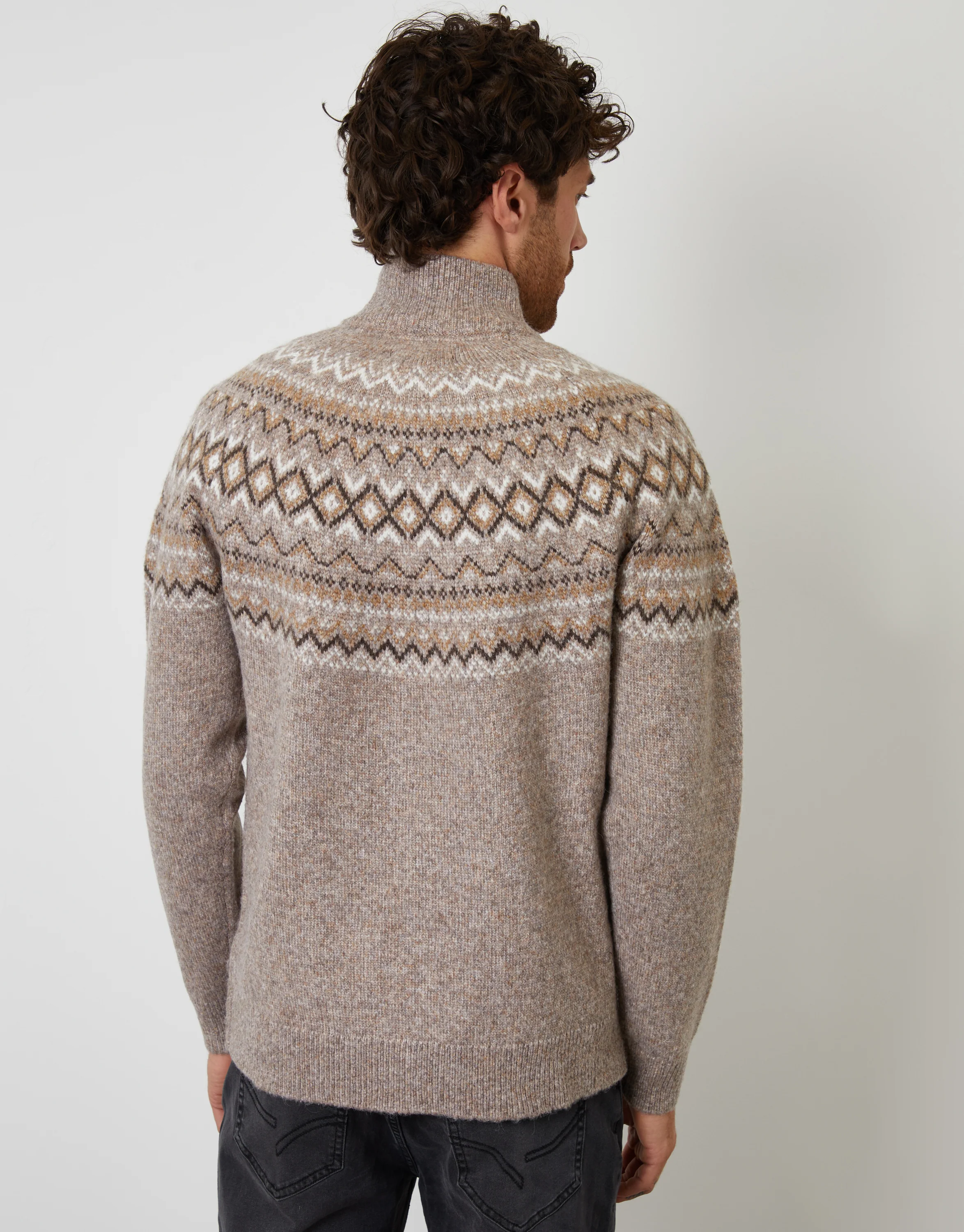 Fairisle Quarter Zip Knitted Jumper in Taupe - Image 3