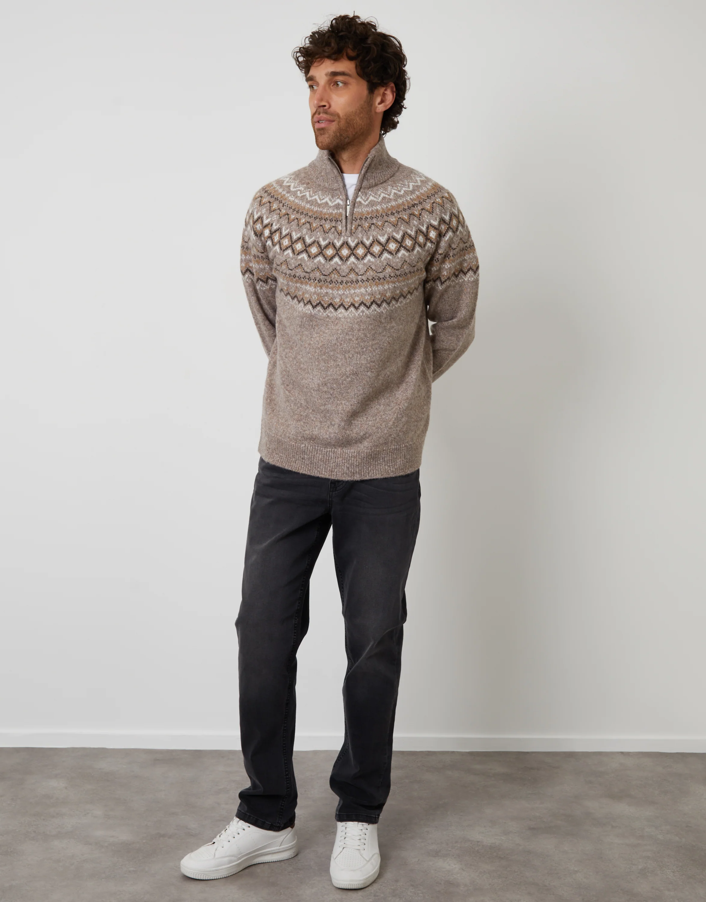Fairisle Quarter Zip Knitted Jumper in Taupe - Image 4