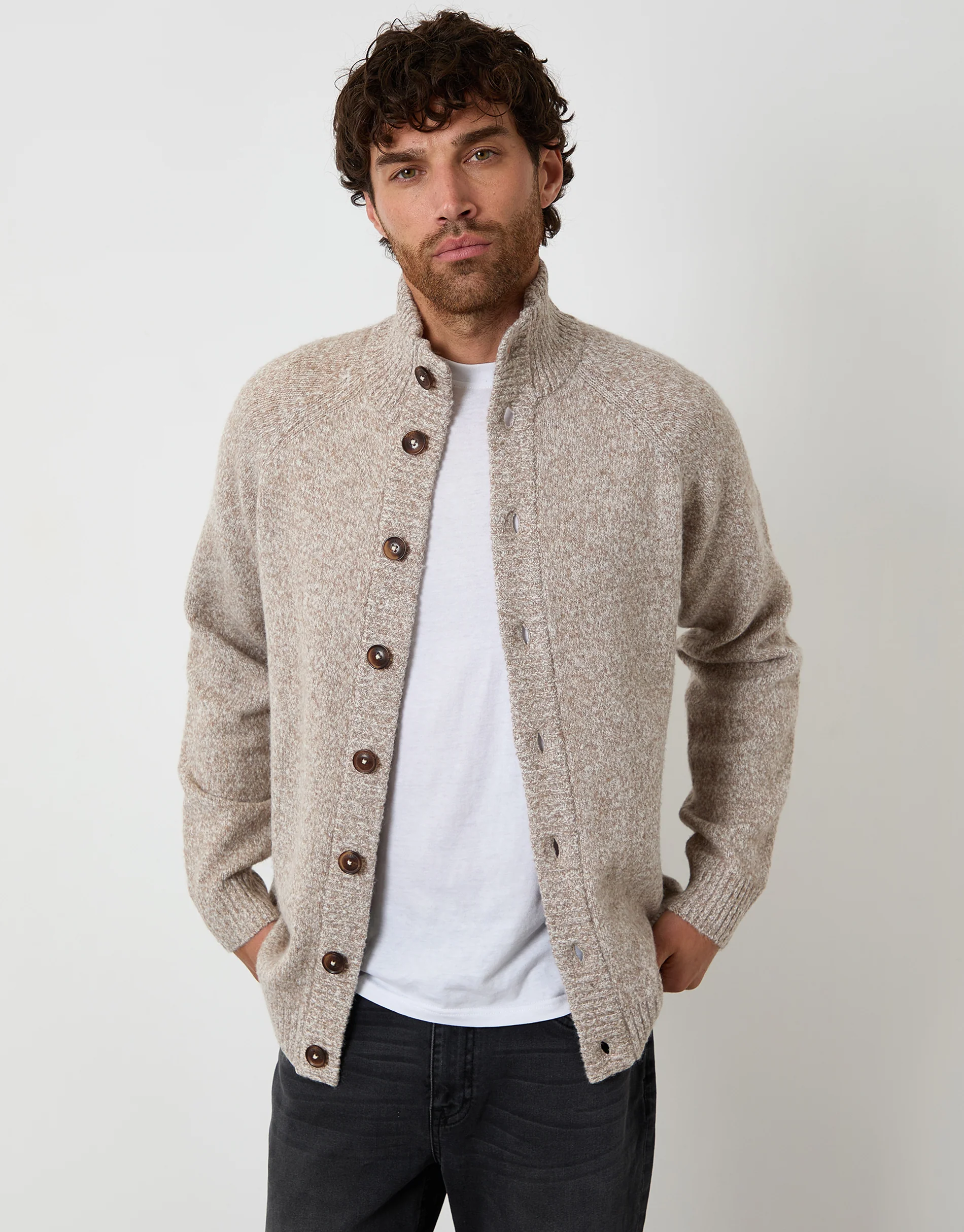 Funnel Neck Button Up Knitted Cardigan in Taupe