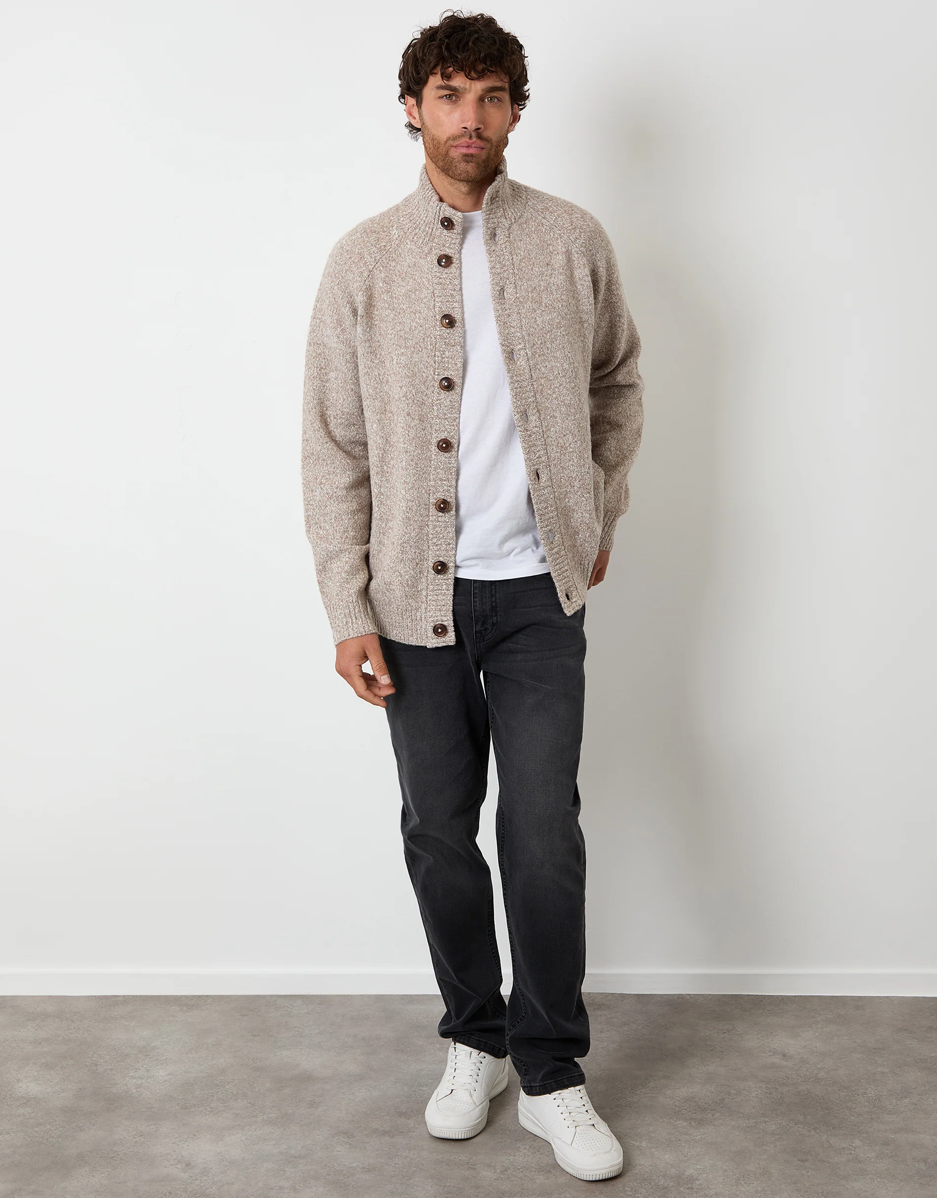 Funnel Neck Button Up Knitted Cardigan in Taupe - Image 3
