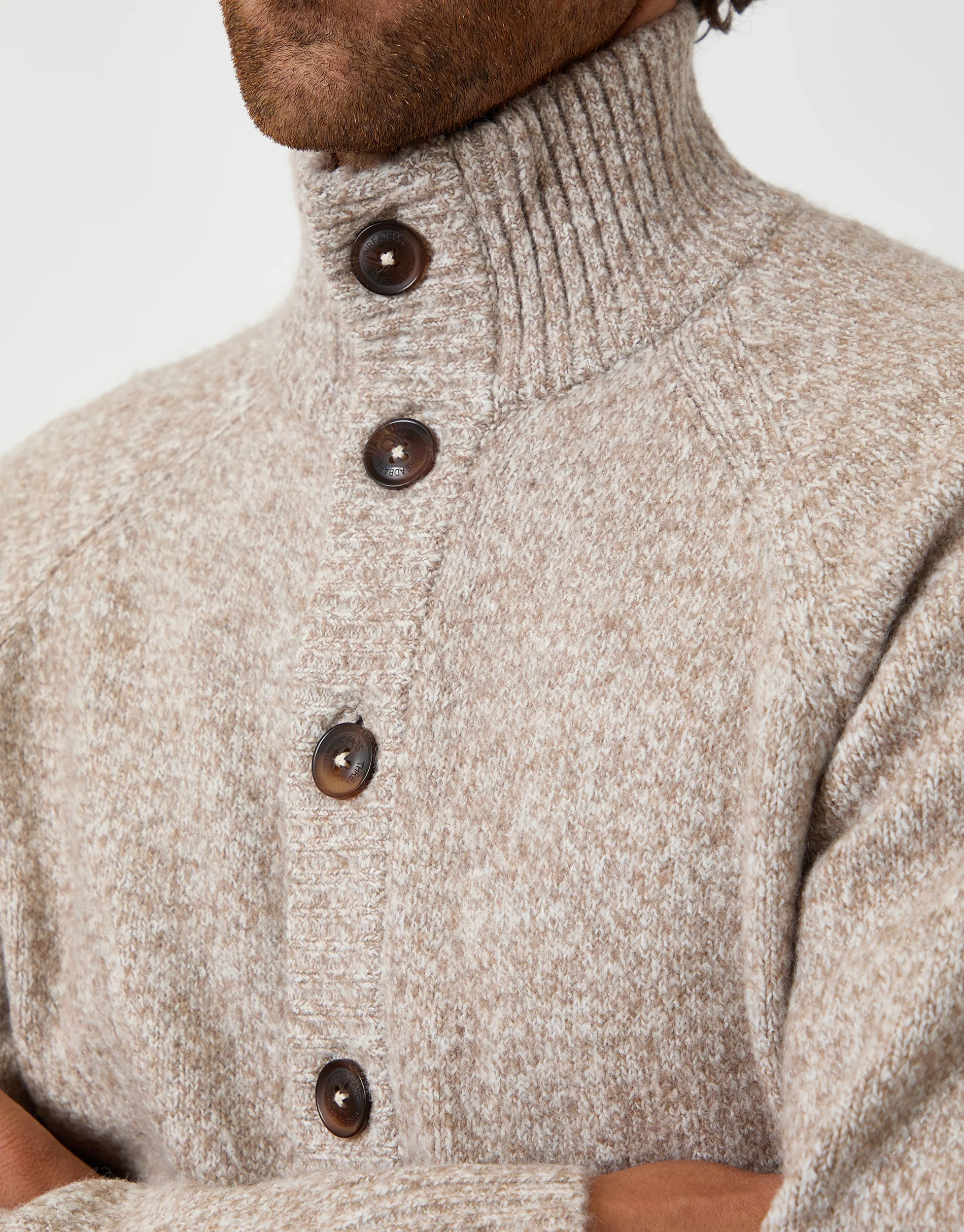 Funnel Neck Button Up Knitted Cardigan in Taupe - Image 4