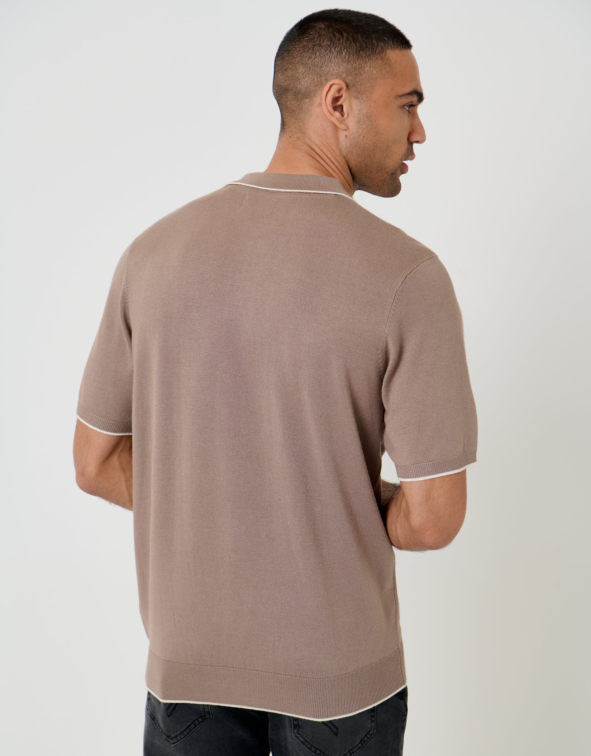Knitted Quarter Zip Polo With Contrast Tipping in Taupe - Image 2