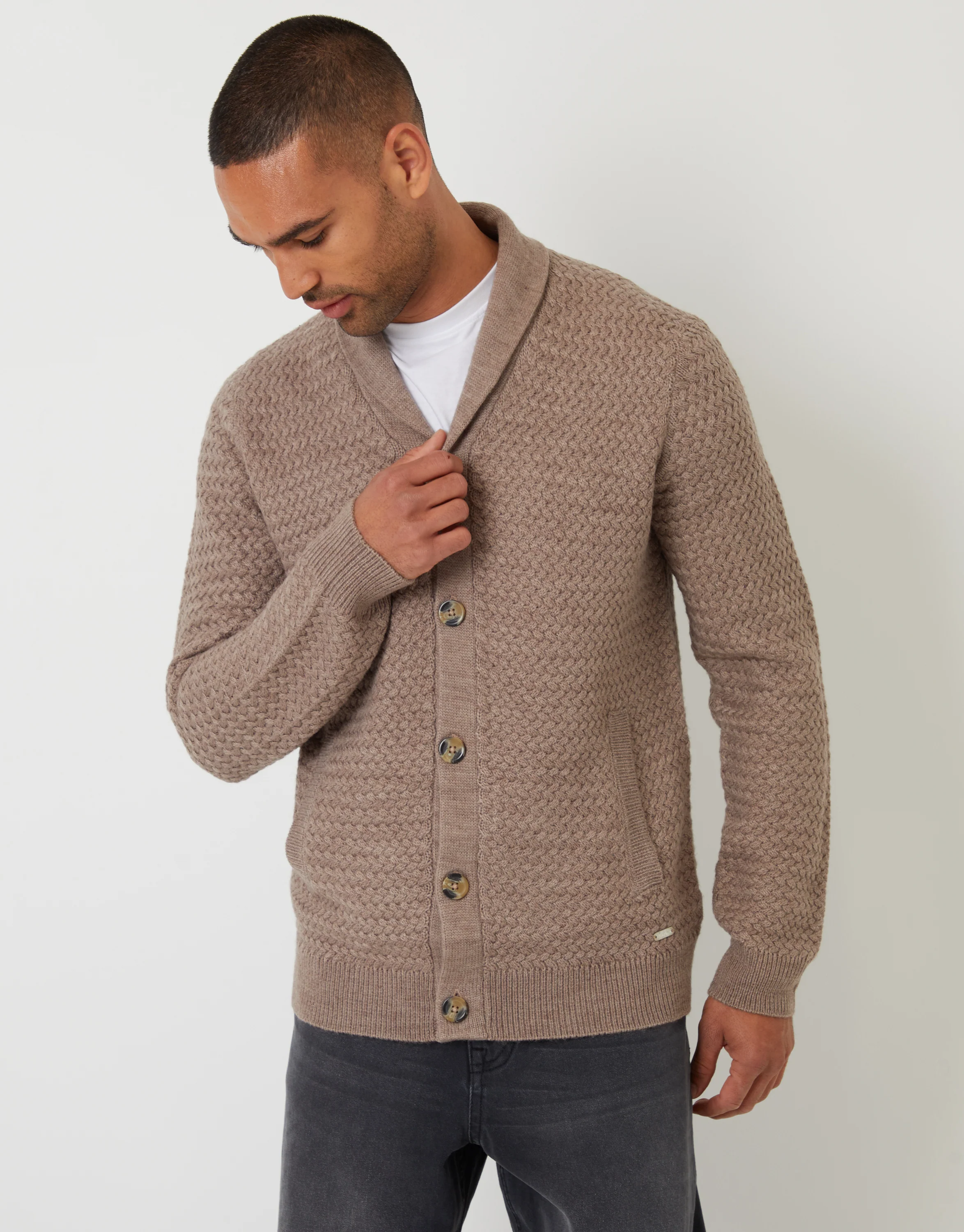 Knitted Shawl Cardigan in Taupe