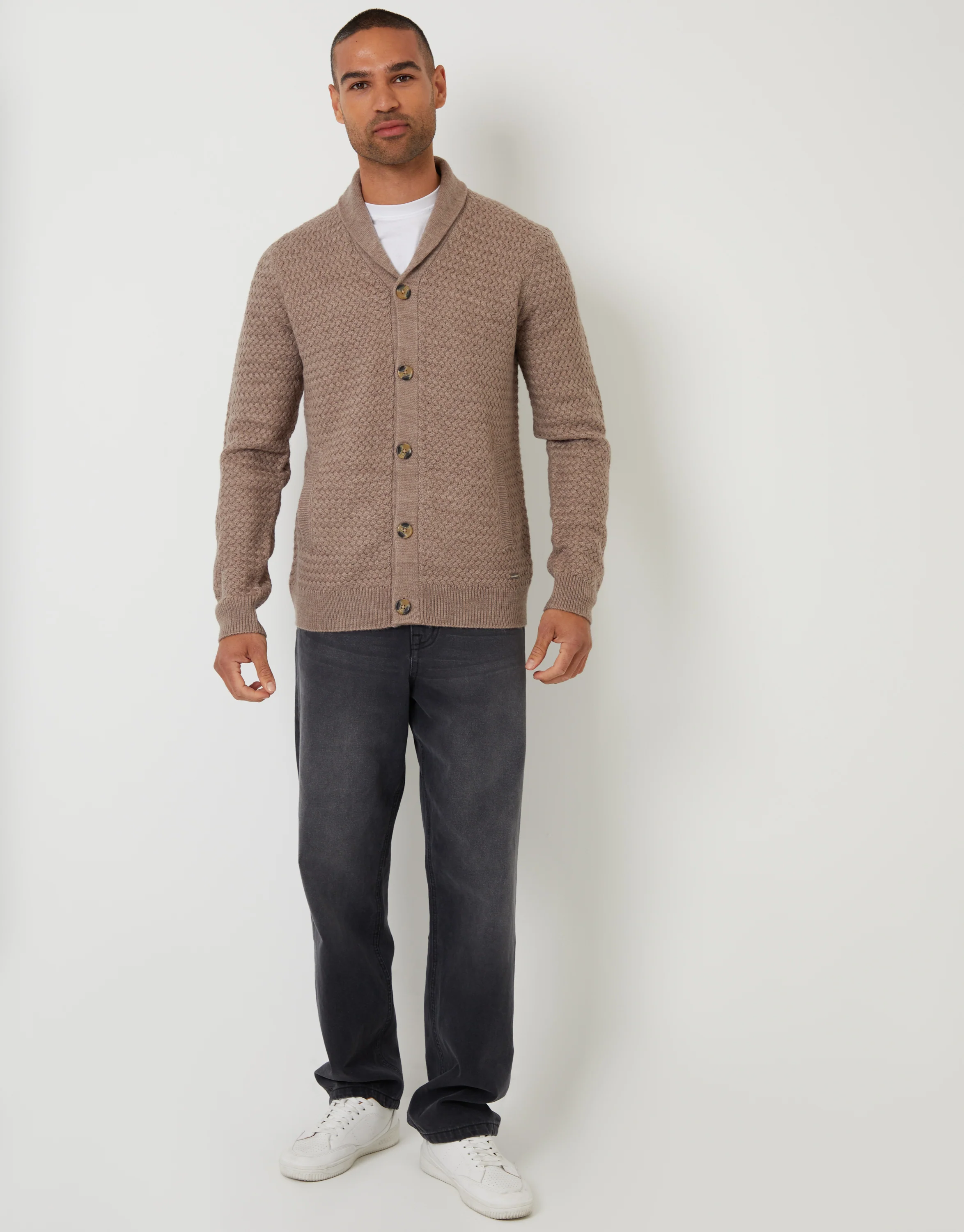 Knitted Shawl Cardigan in Taupe - Image 3