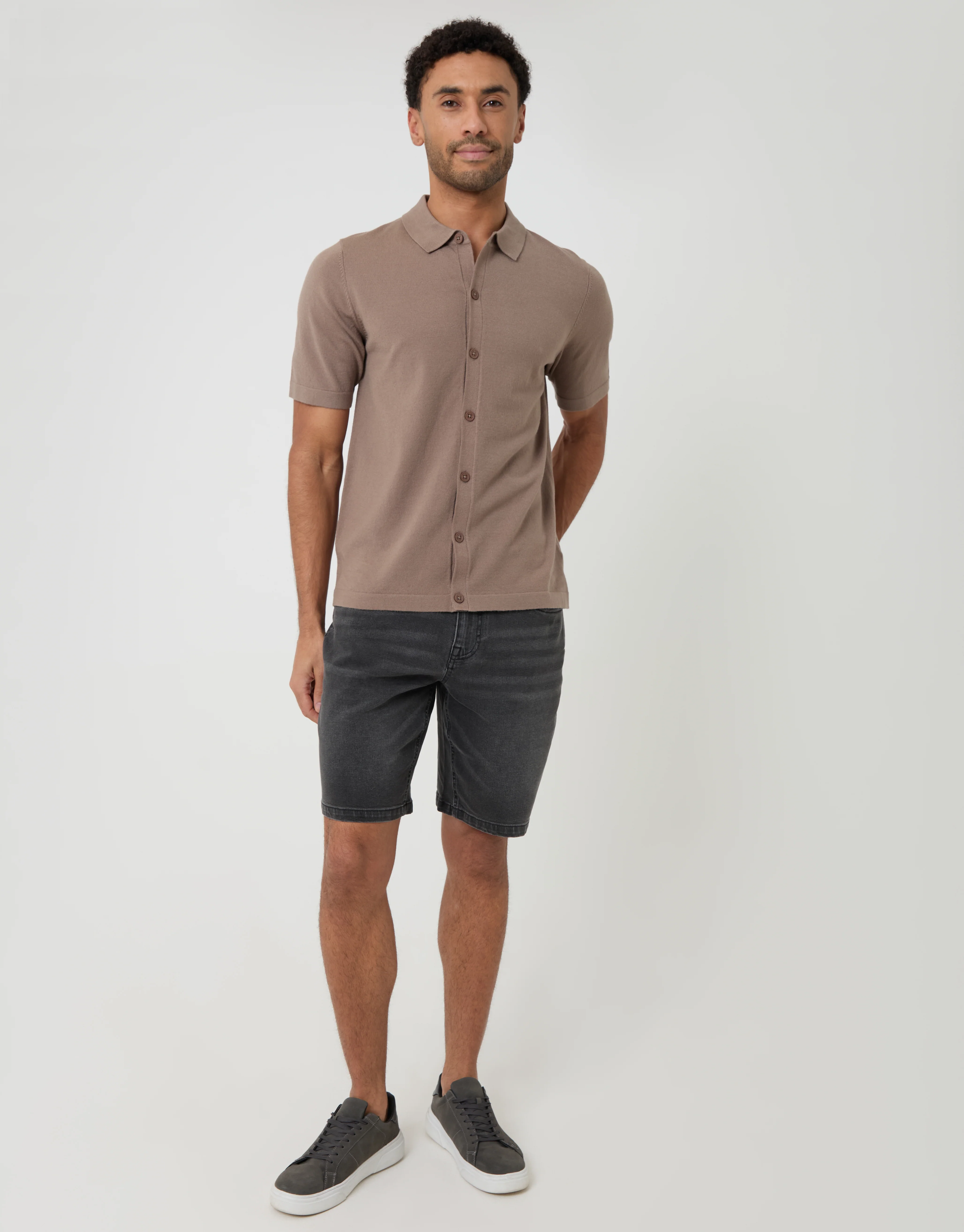 Knitted Short Sleeve Shirt in Taupe - Image 3