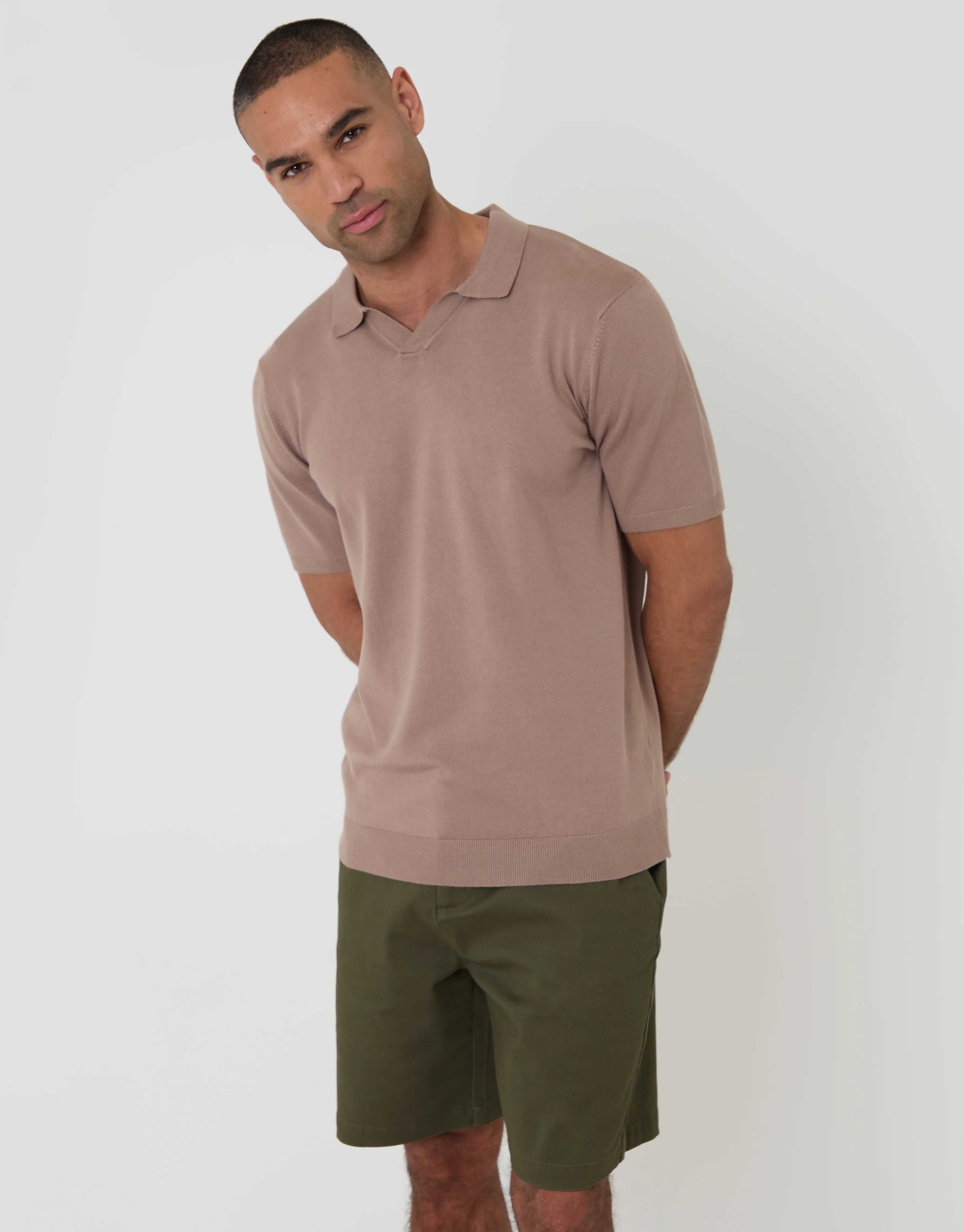 Knitted Trophy Neck Polo in Taupe