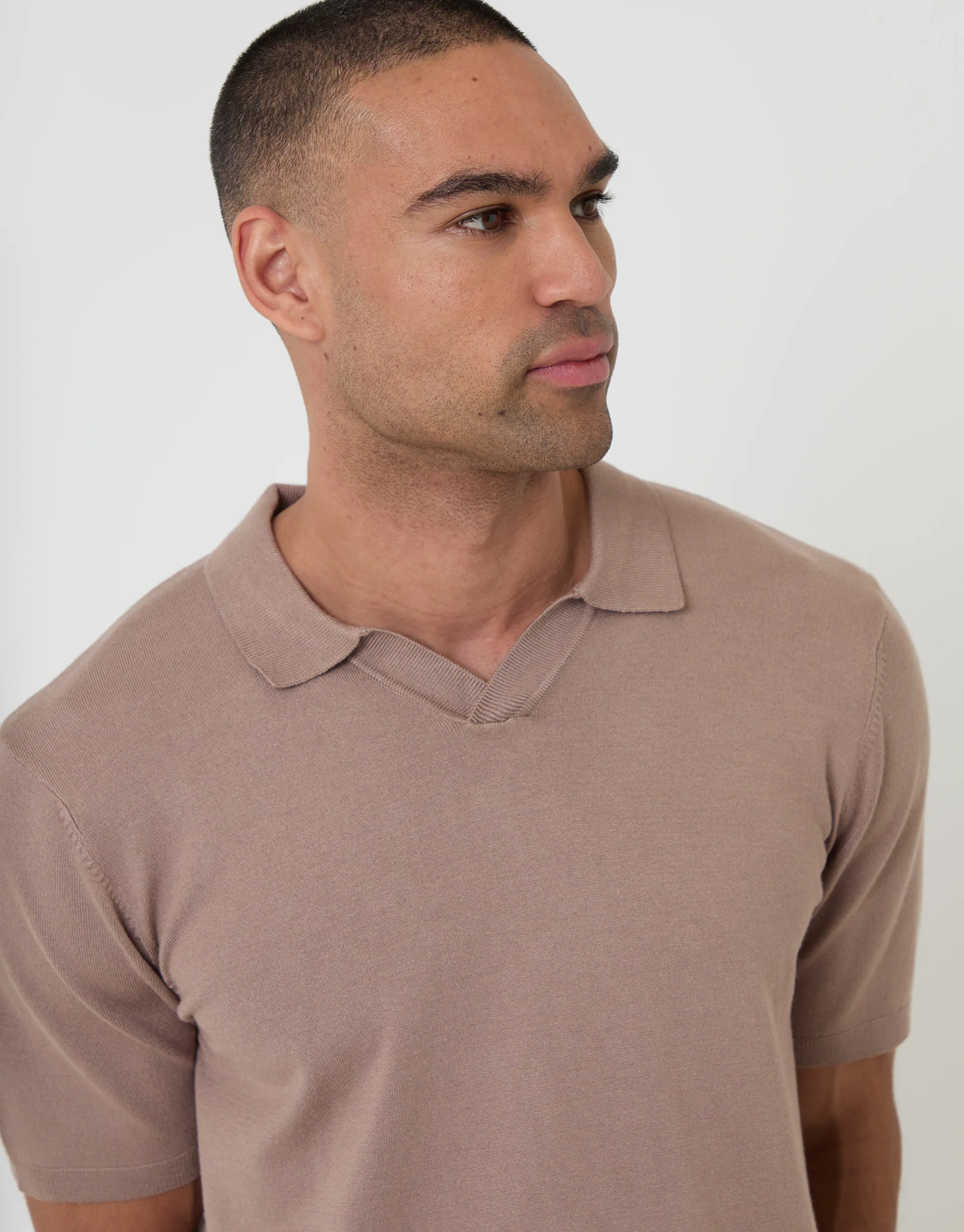Knitted Trophy Neck Polo in Taupe - Image 4