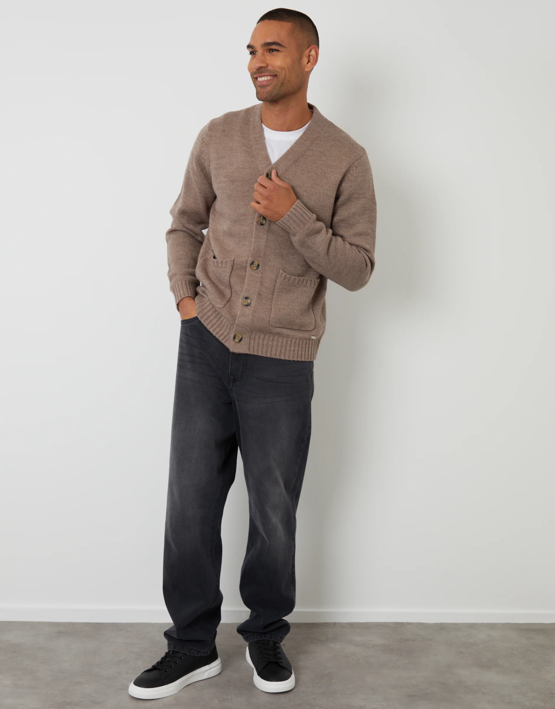Knitted V-Neck Cardigan in Taupe - Image 3