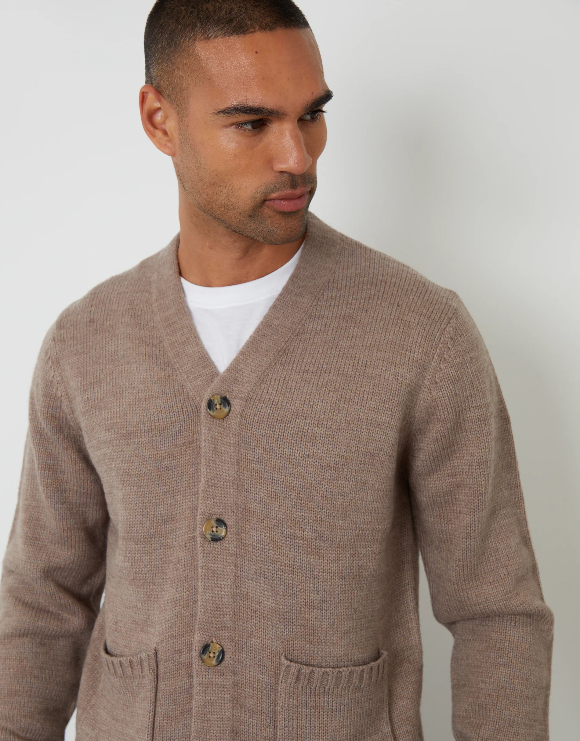 Knitted V-Neck Cardigan in Taupe - Image 4