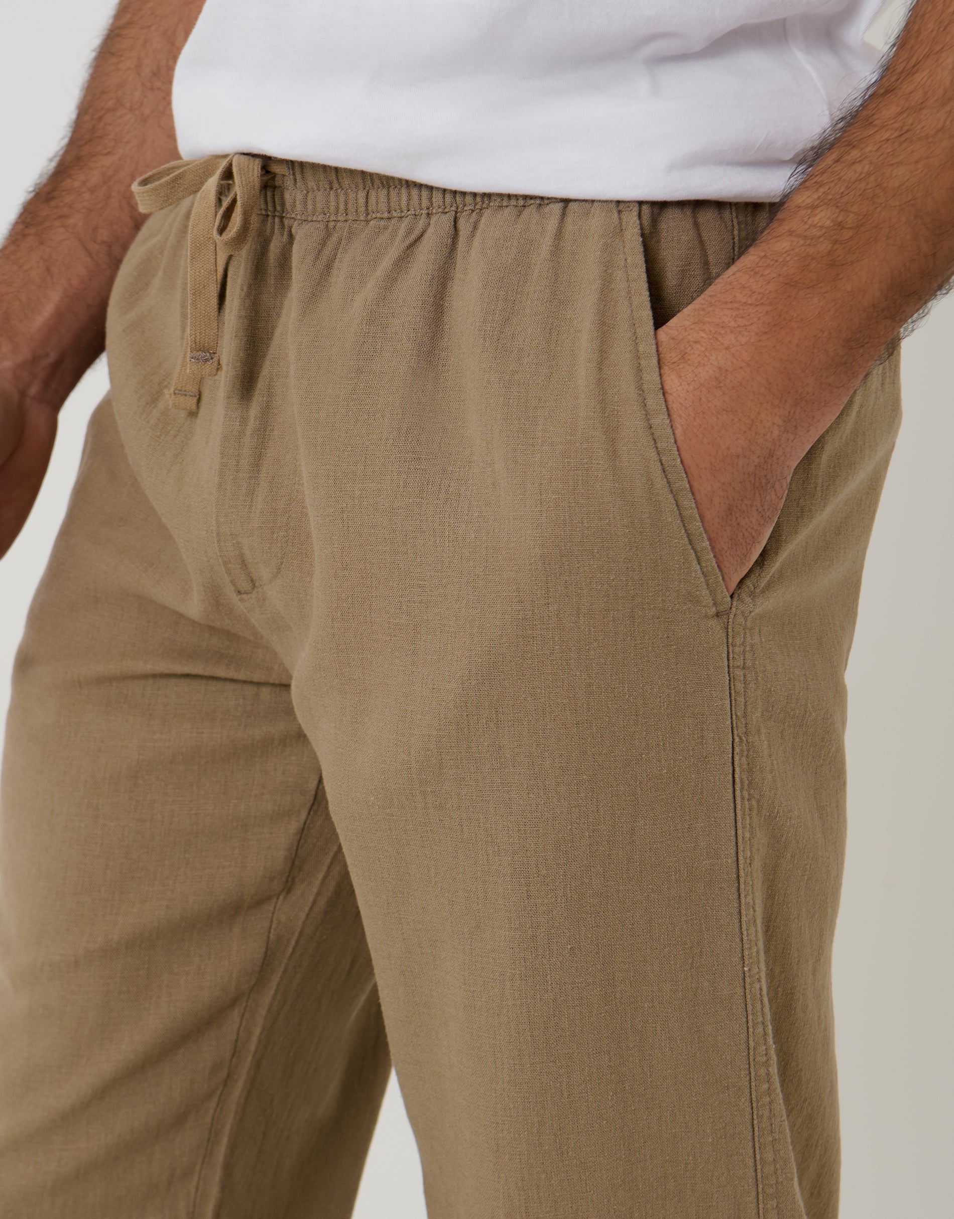 Linen Blend Drawcord Trousers in Taupe - Image 4