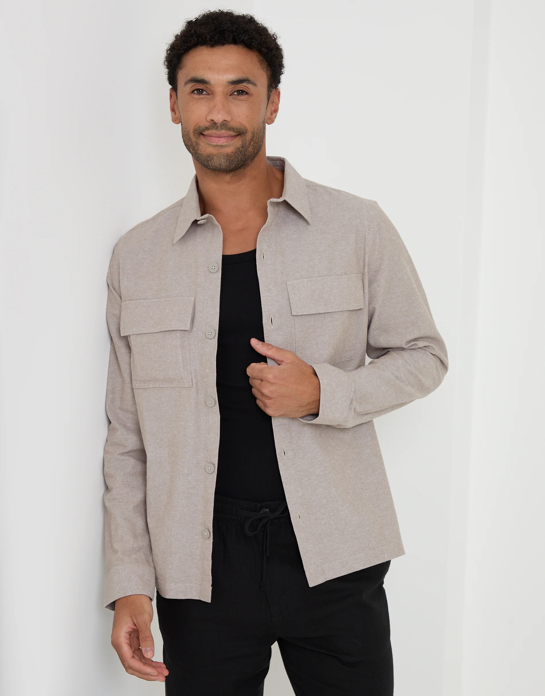 Linen Blend Lightweight Shacket in Taupe