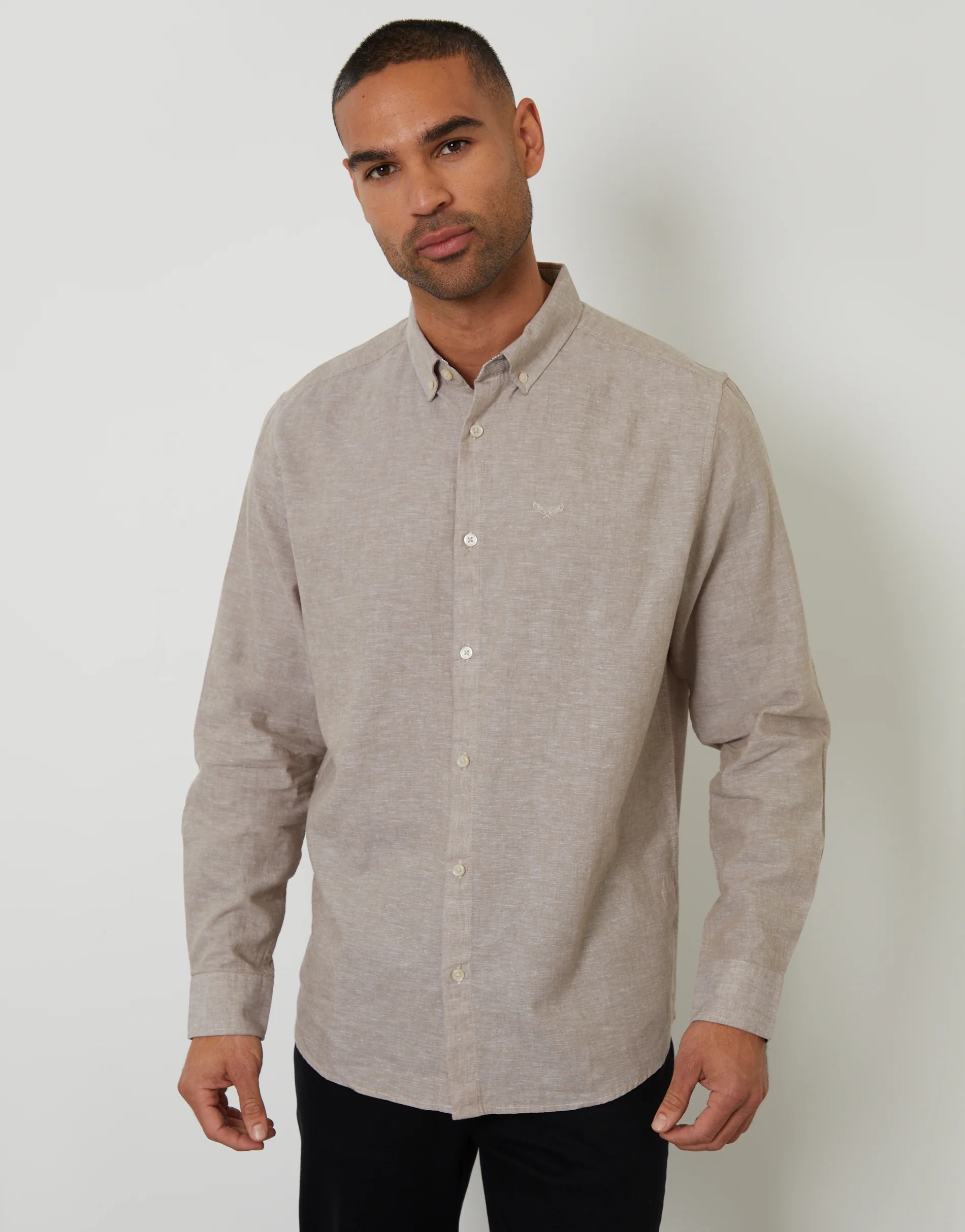 Long Sleeve Linen Blend Shirt in Taupe