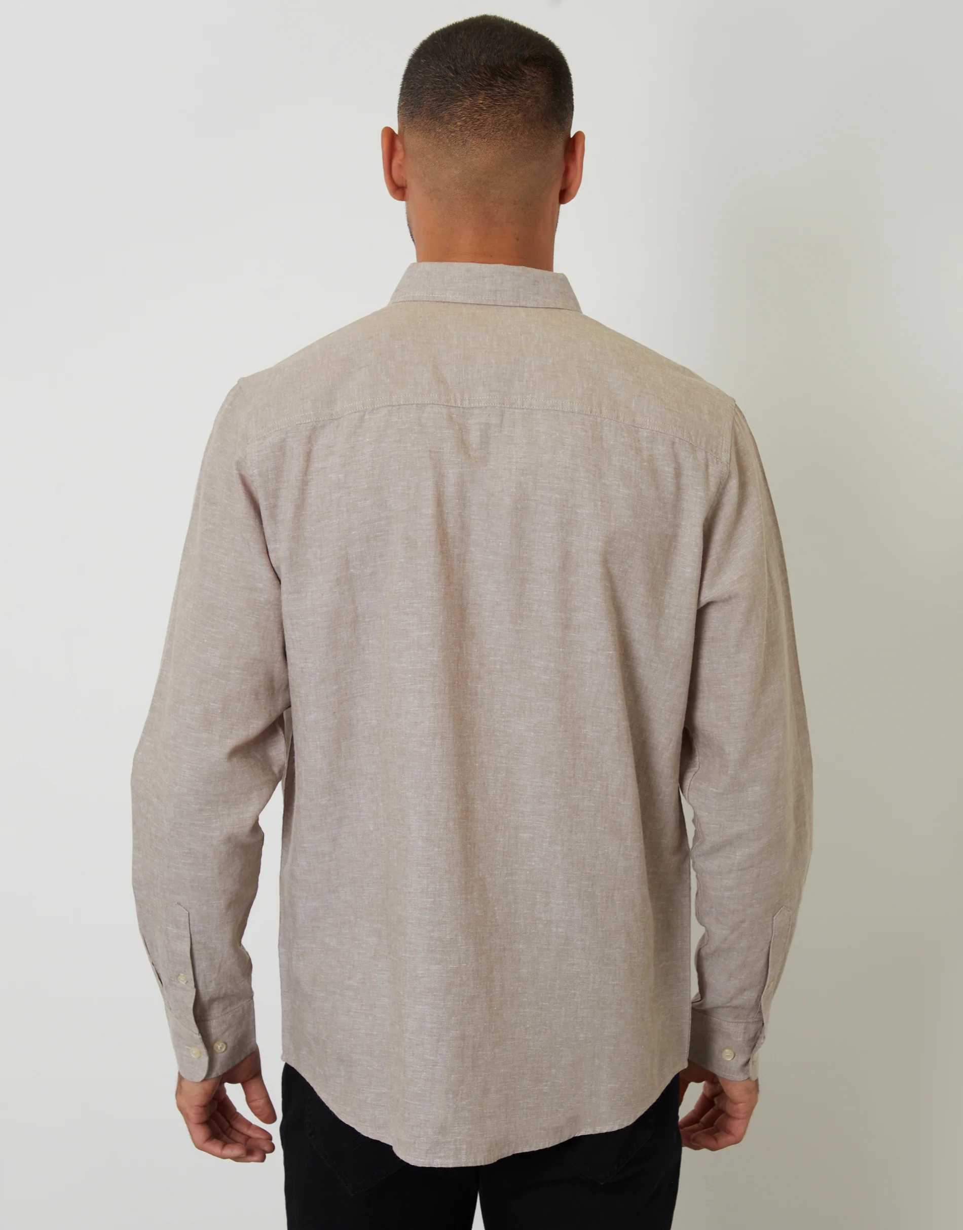 Long Sleeve Linen Blend Shirt in Taupe - Image 2