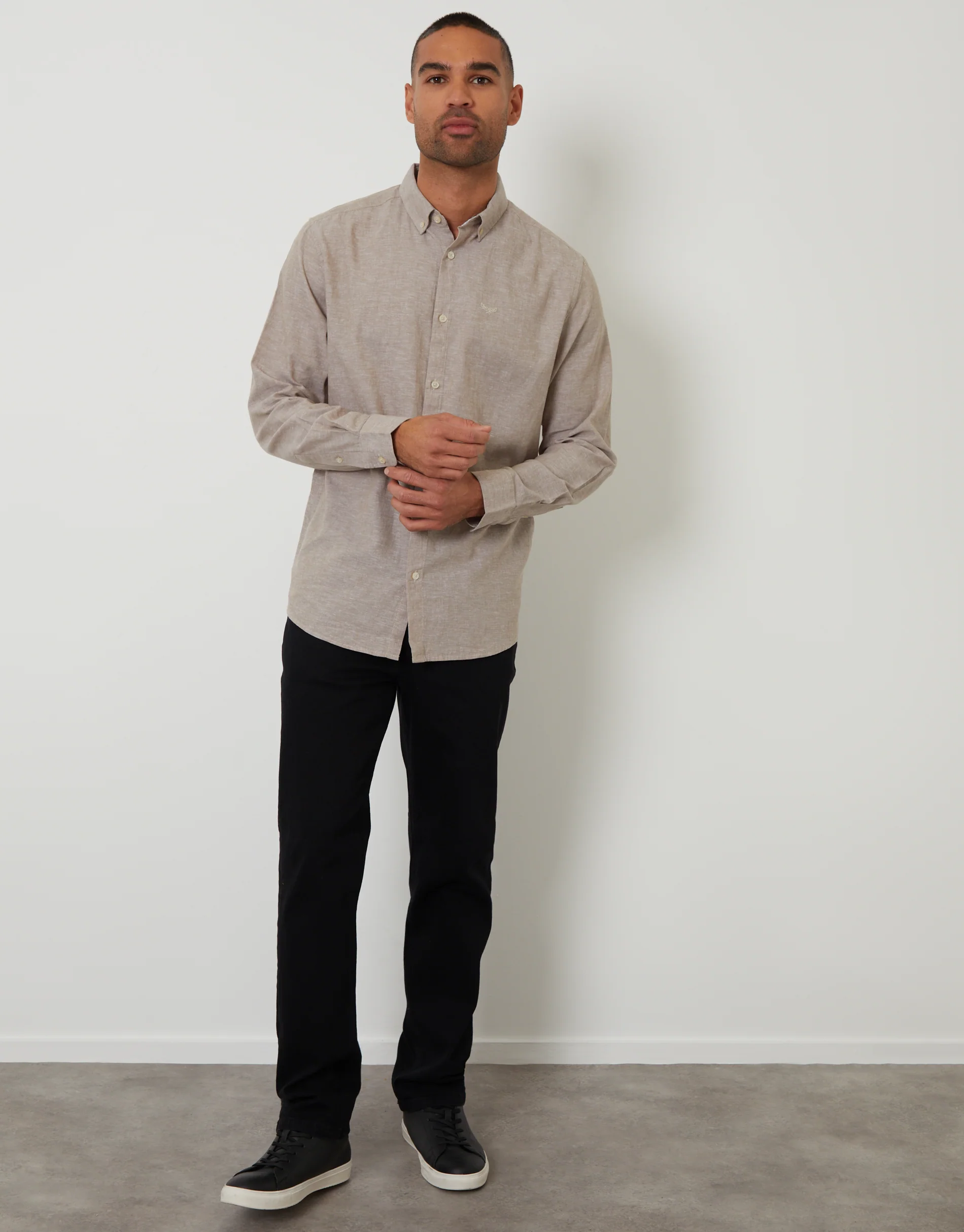 Long Sleeve Linen Blend Shirt in Taupe - Image 3