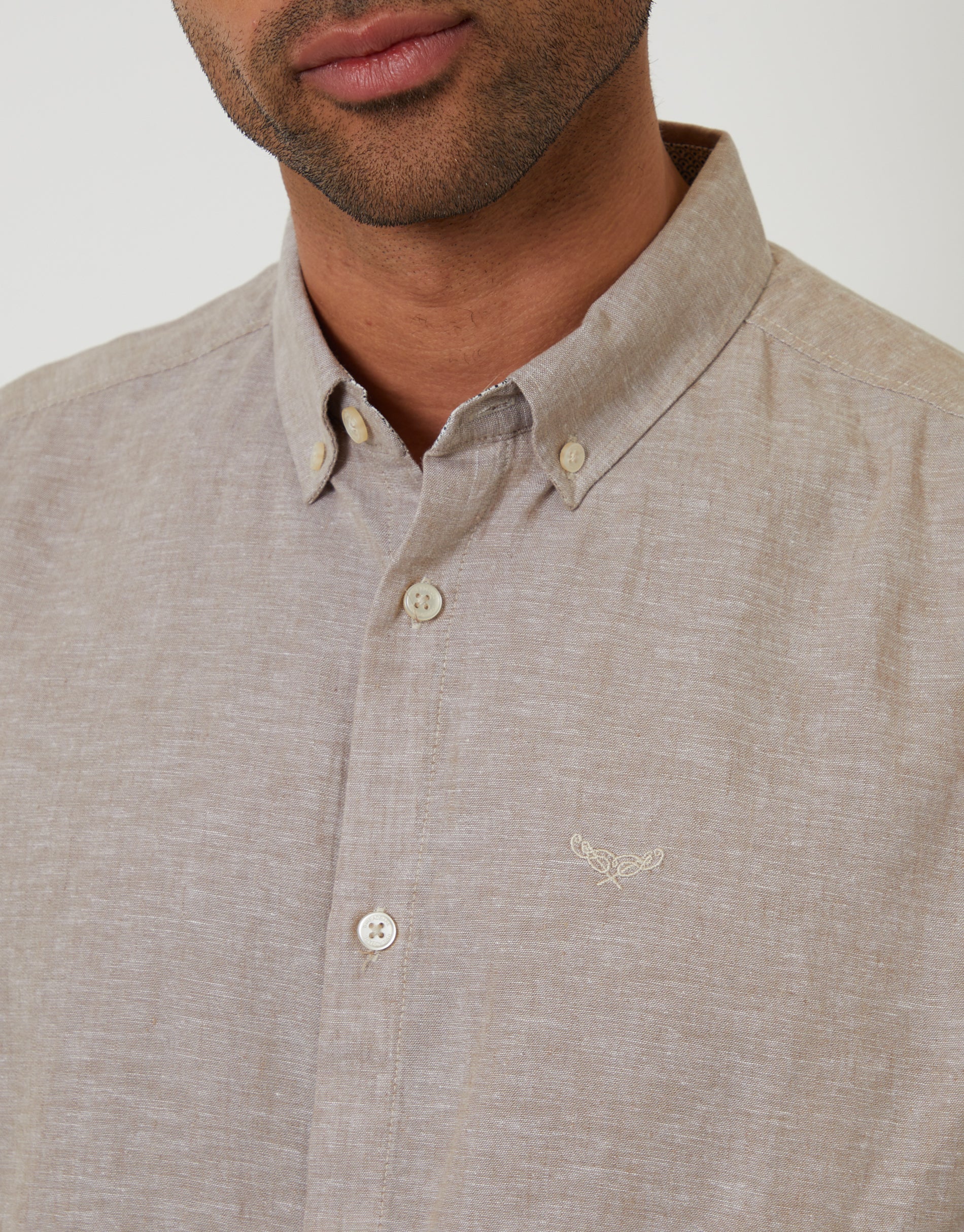 Long Sleeve Linen Blend Shirt in Taupe - Image 4