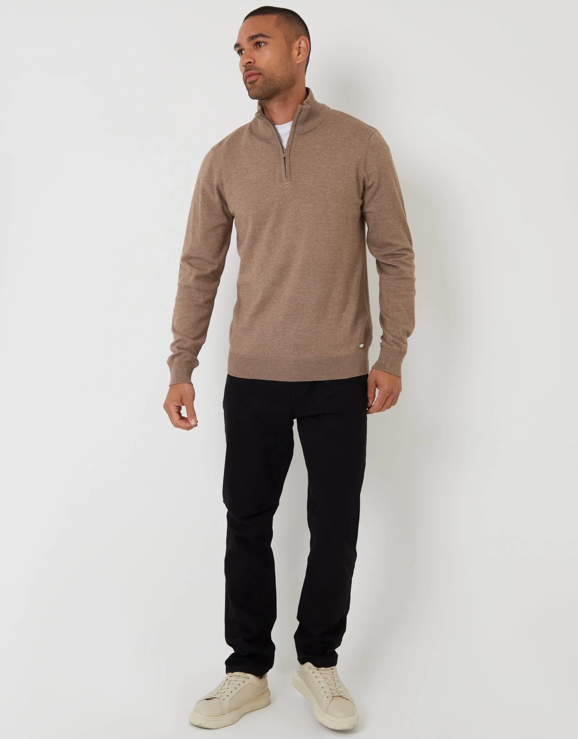 Funnel Neck Quarter Zip Knitted Jumper in Taupe Marl - Image 3