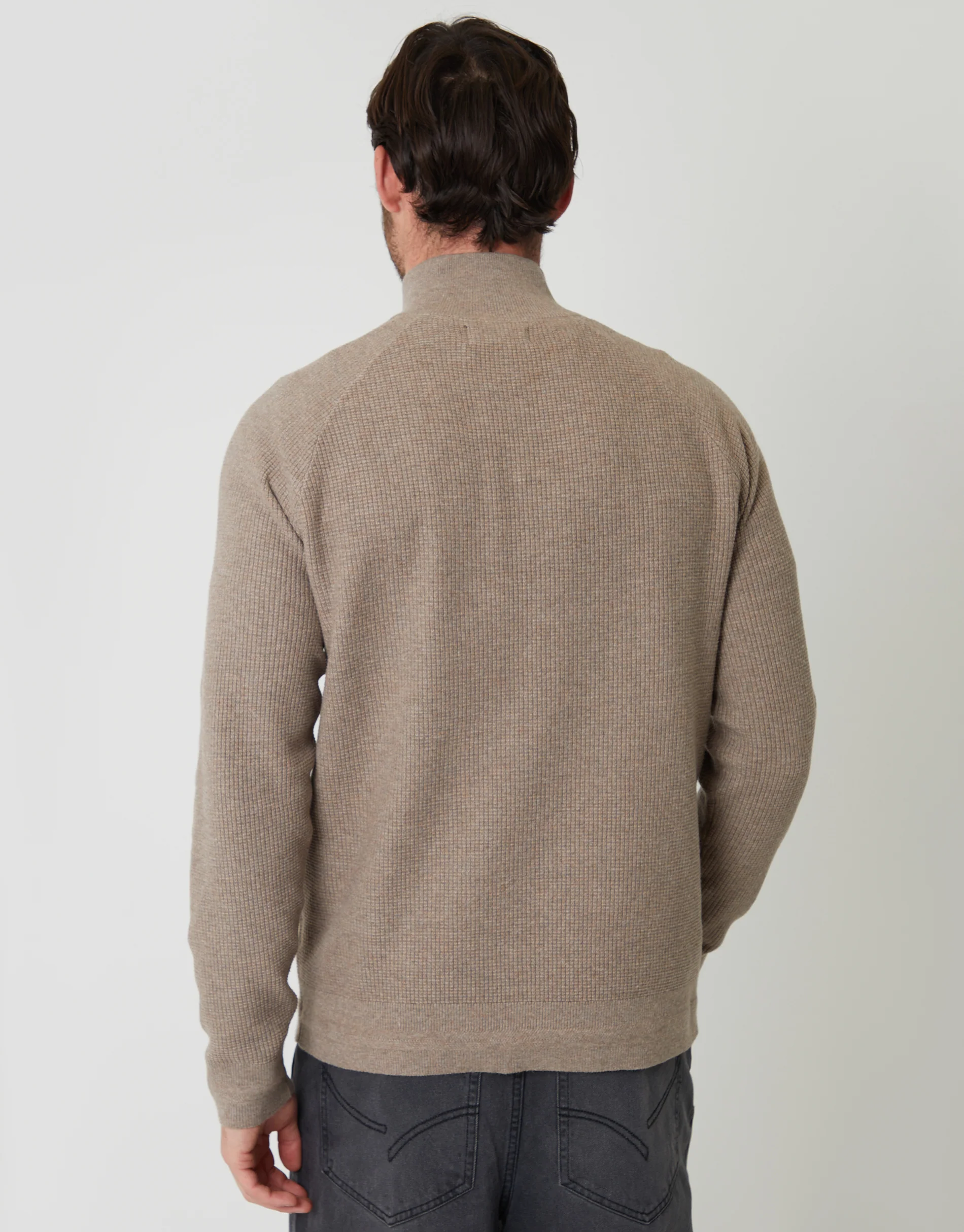 Waffle Knit Raglan Quarter Zip Jumper in Taupe Marl - Image 2