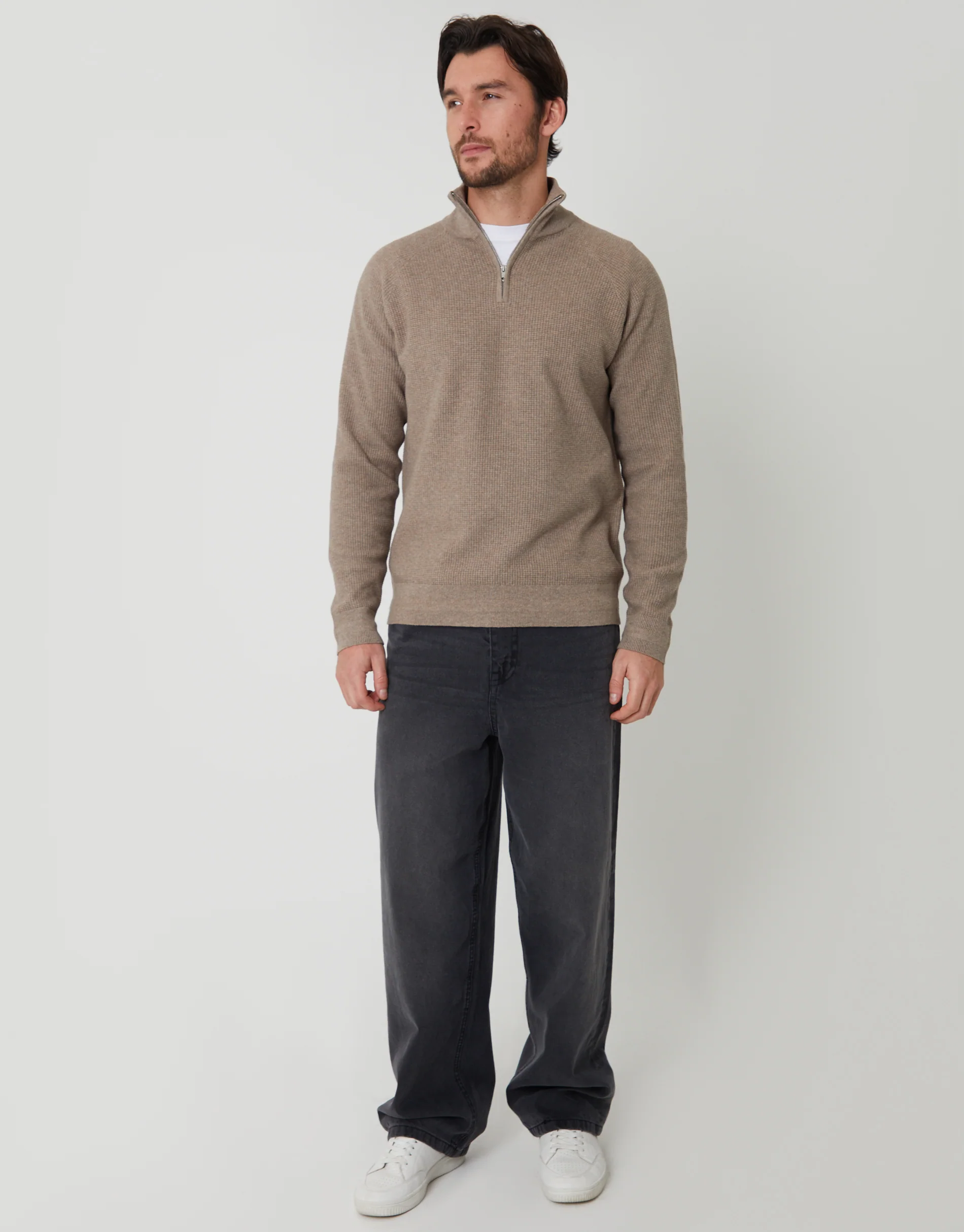 Waffle Knit Raglan Quarter Zip Jumper in Taupe Marl - Image 3