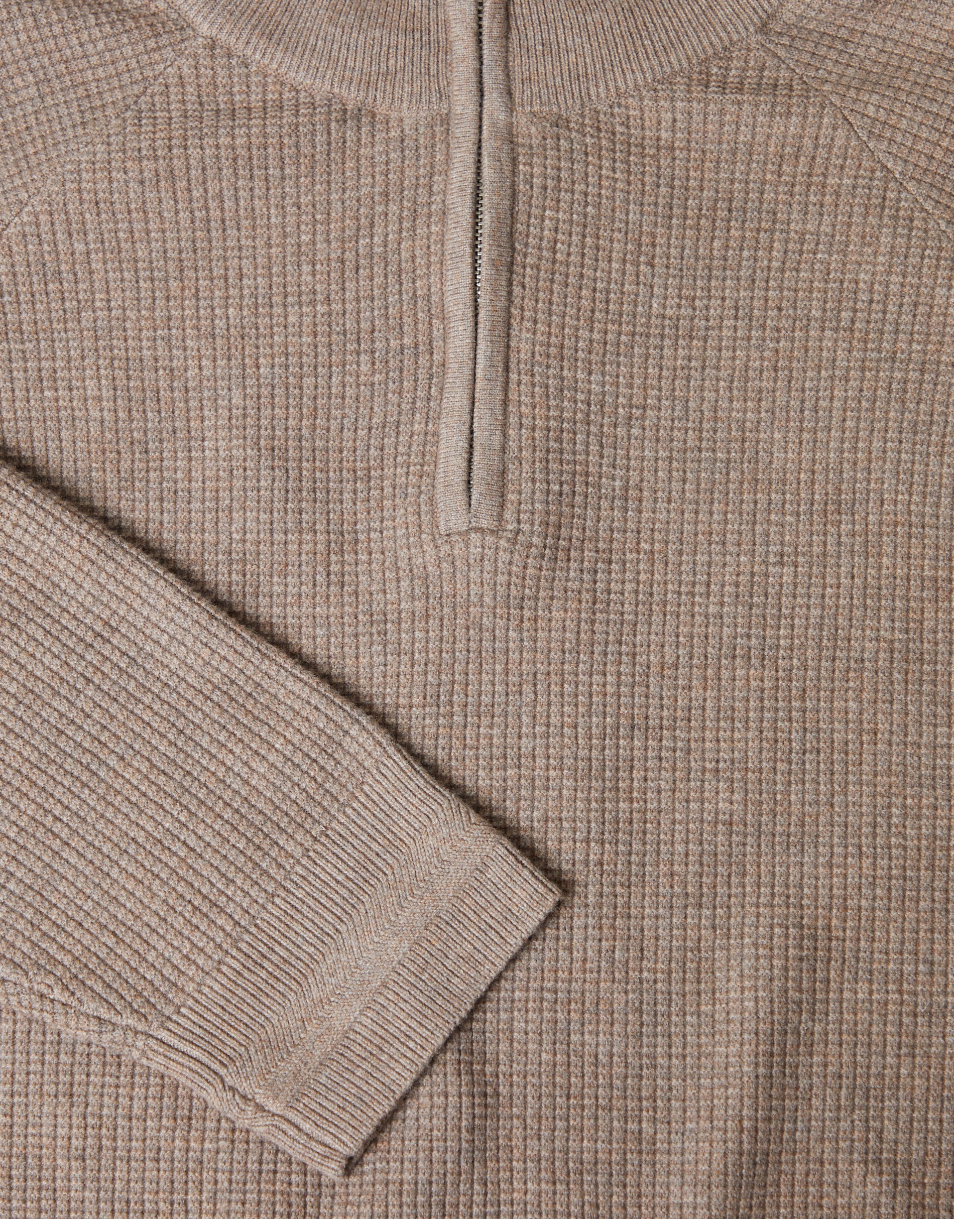 Waffle Knit Raglan Quarter Zip Jumper in Taupe Marl - Image 5