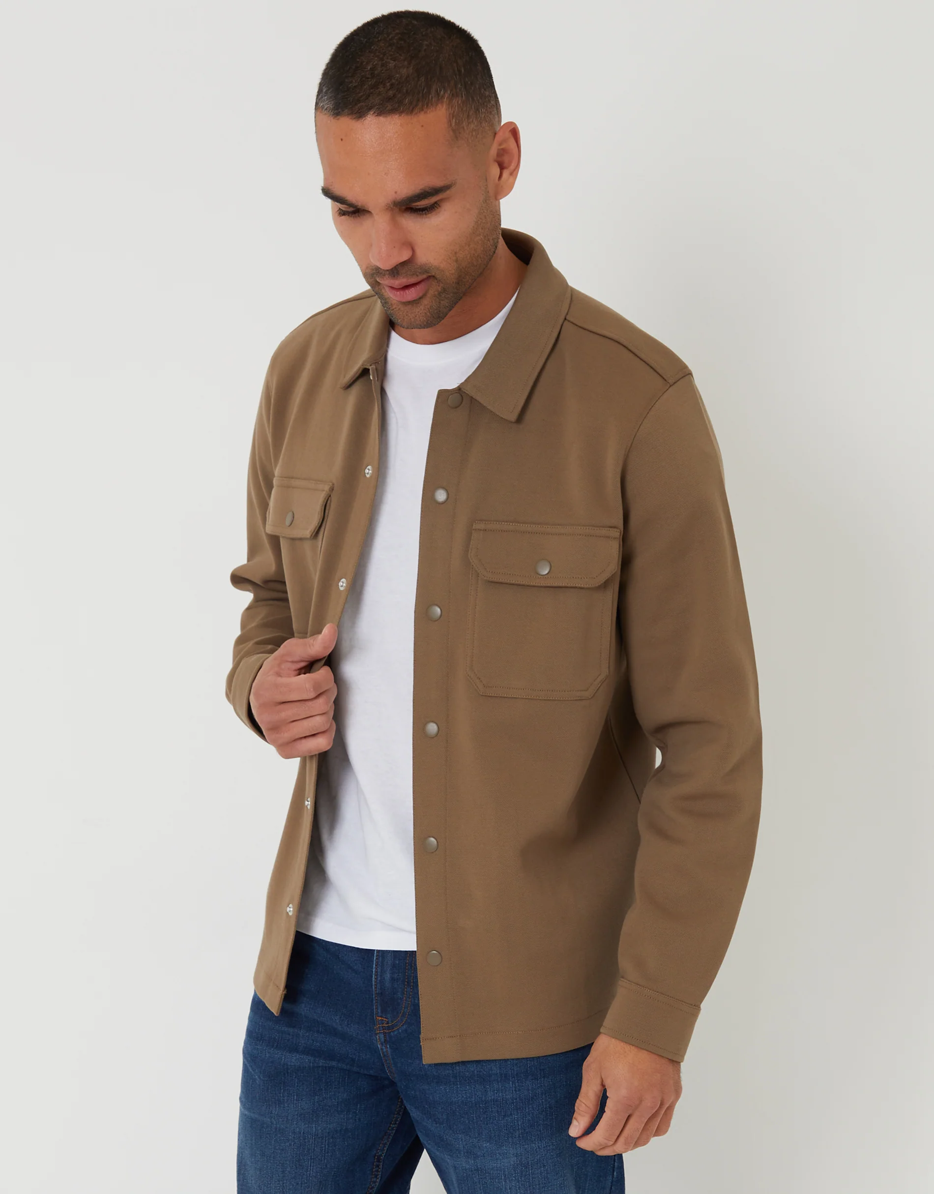 Pique Popper Fastening Shacket in Taupe