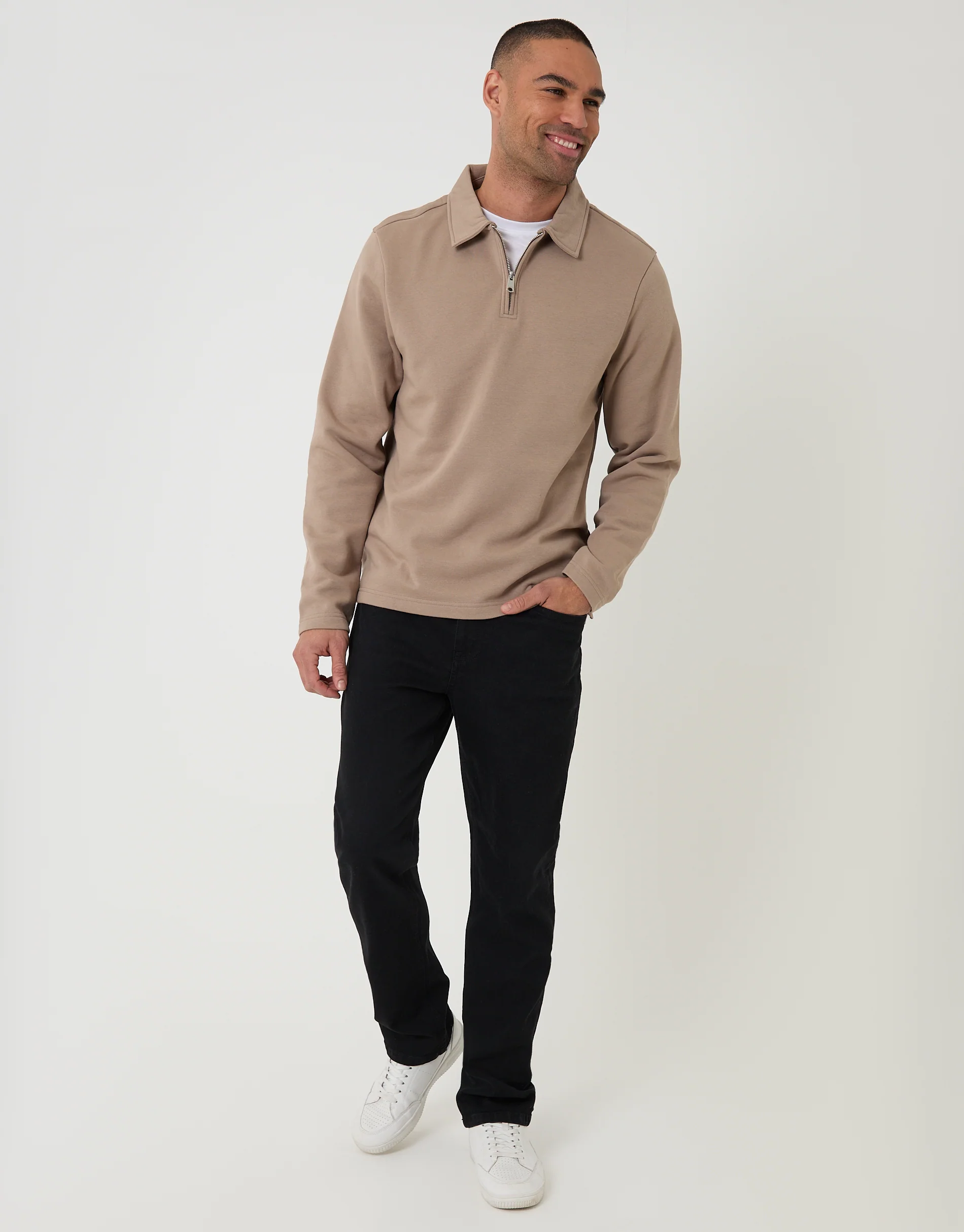Quarter Zip Long Sleeve Polo Sweatshirt in Taupe - Image 3