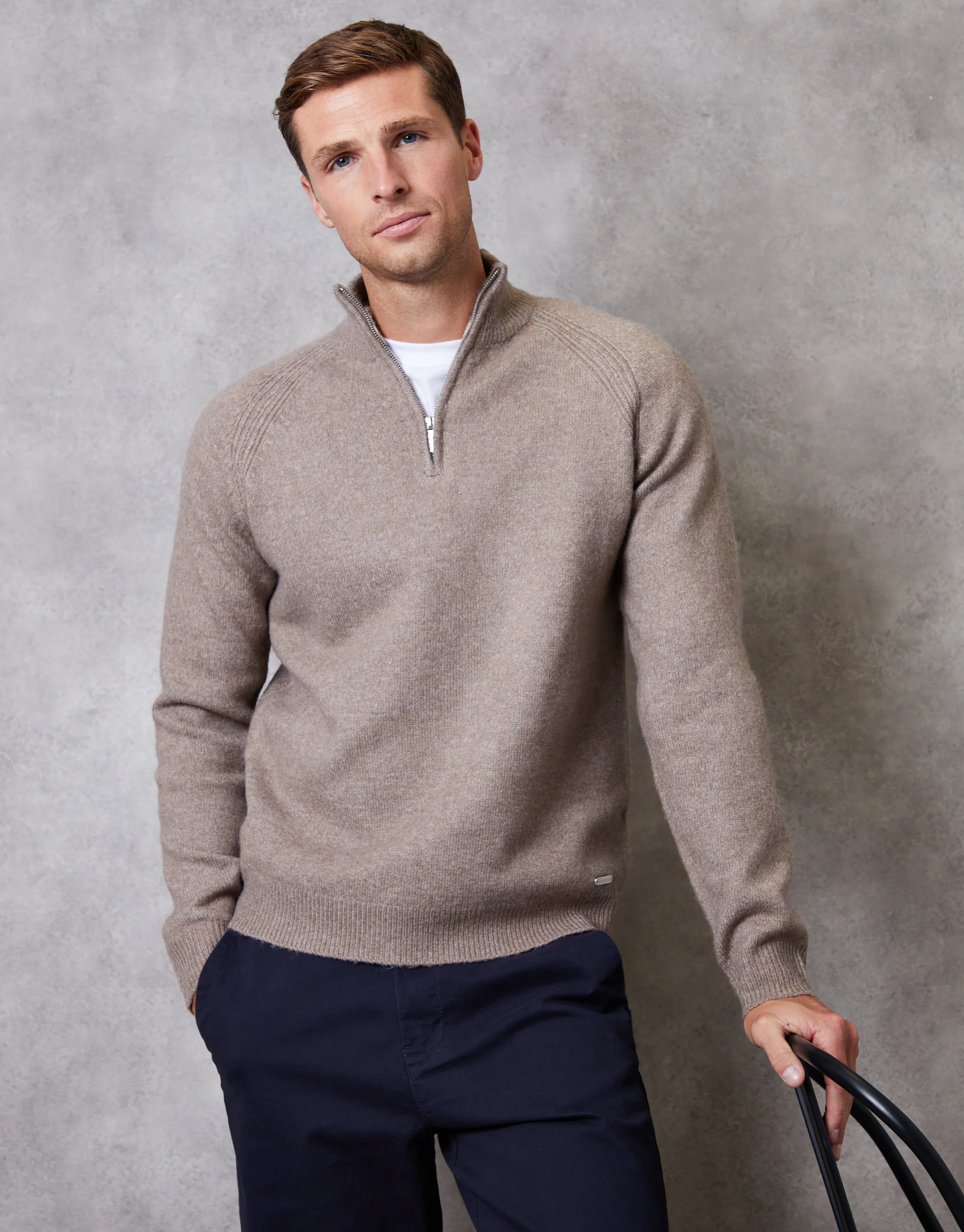 Raglan Rib Quarter Zip Knitted Jumper in Taupe