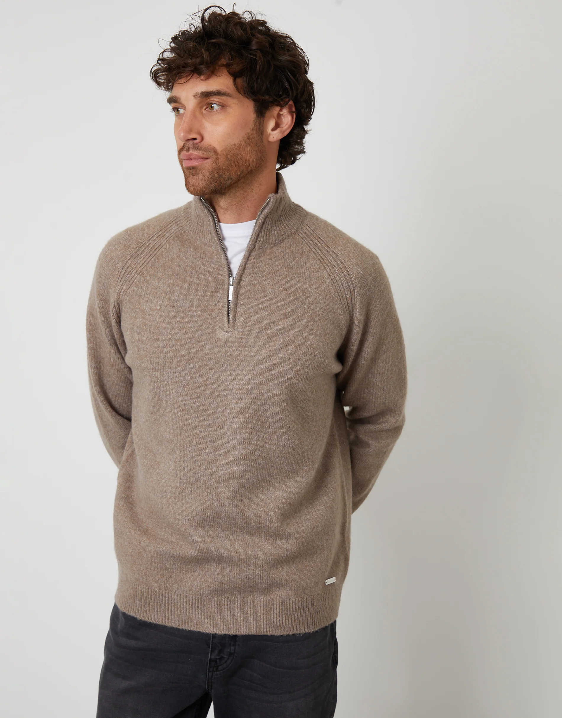 Raglan Rib Quarter Zip Knitted Jumper in Taupe - Image 2