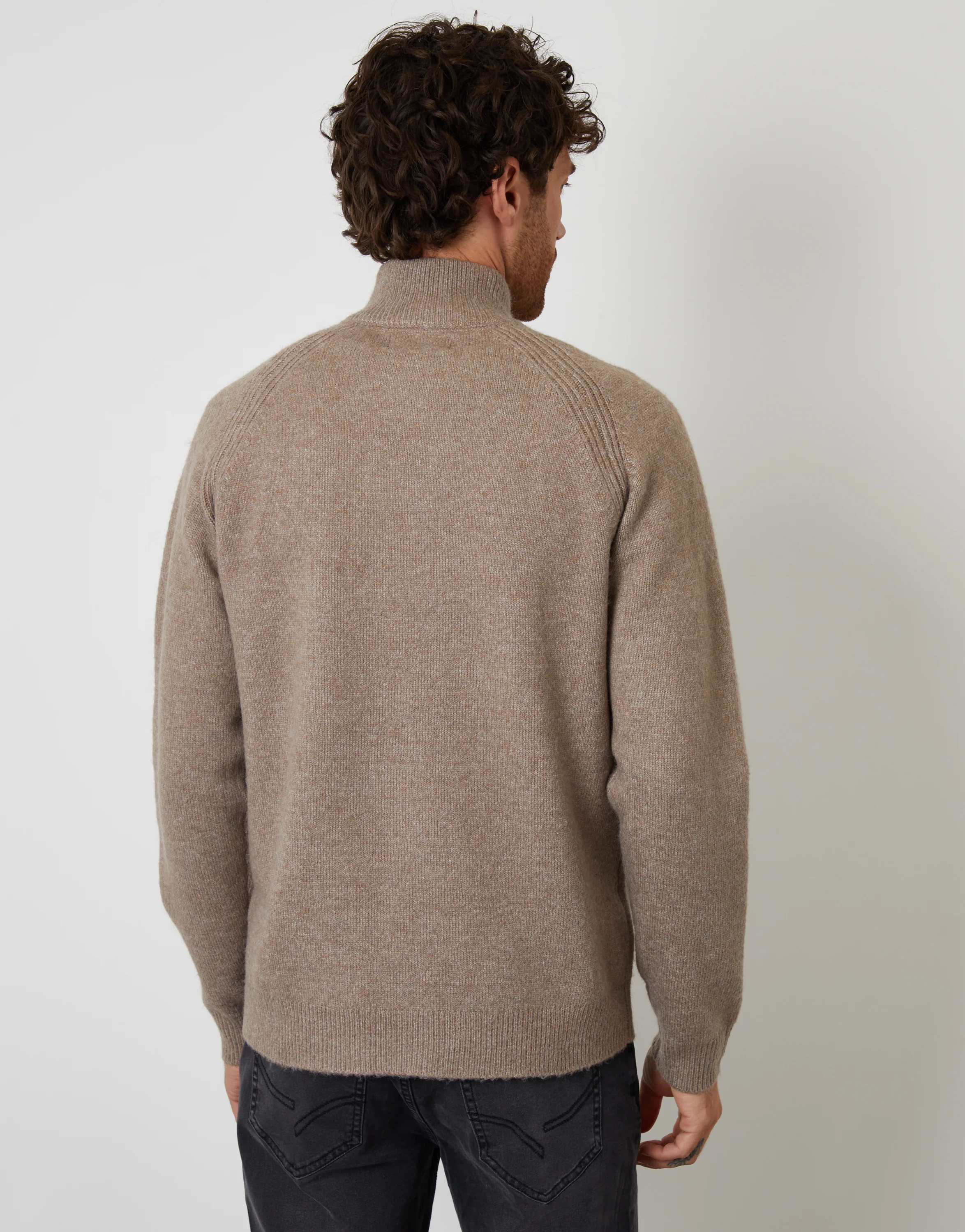 Raglan Rib Quarter Zip Knitted Jumper in Taupe - Image 3