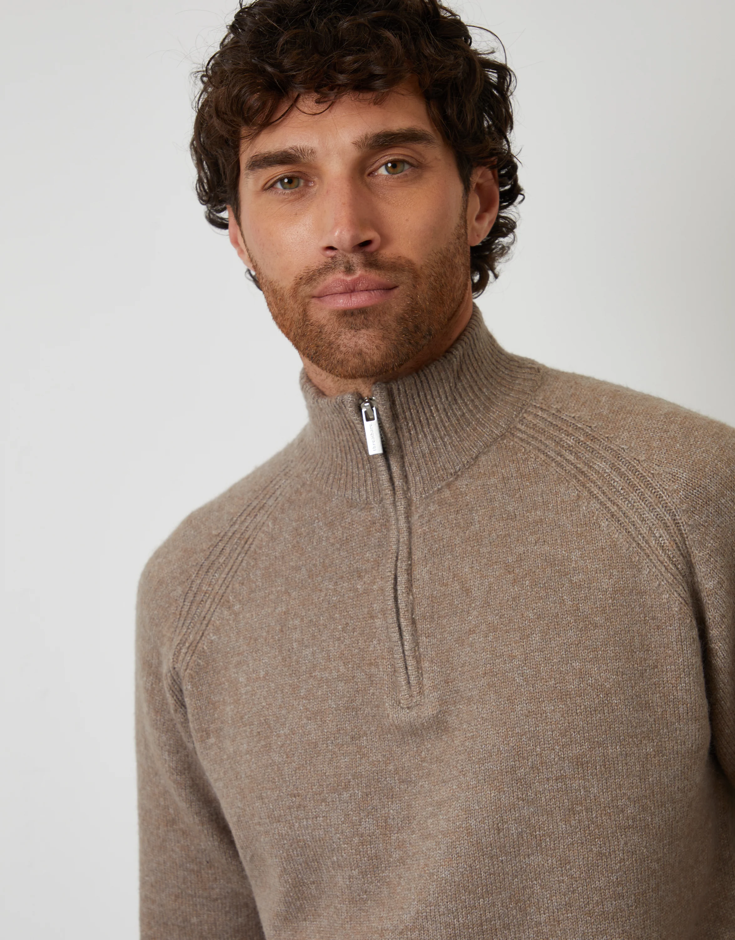Raglan Rib Quarter Zip Knitted Jumper in Taupe - Image 5