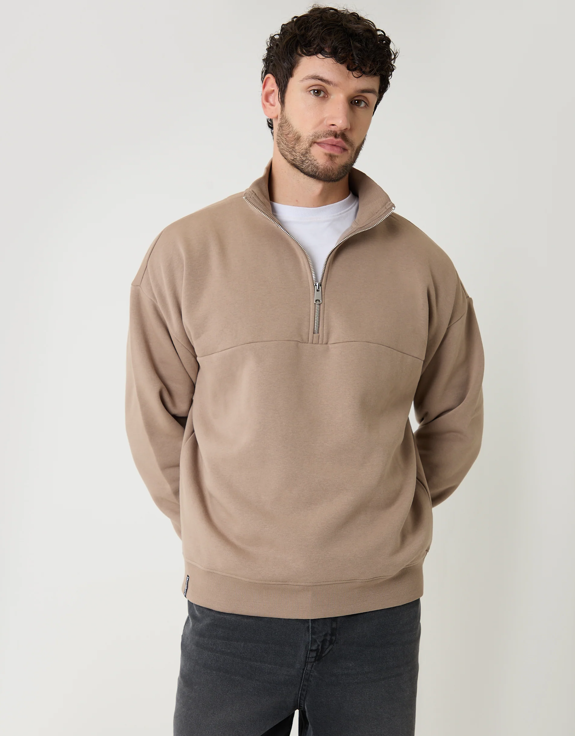 Relaxed Fit Half Zip Sweatshirt in Taupe