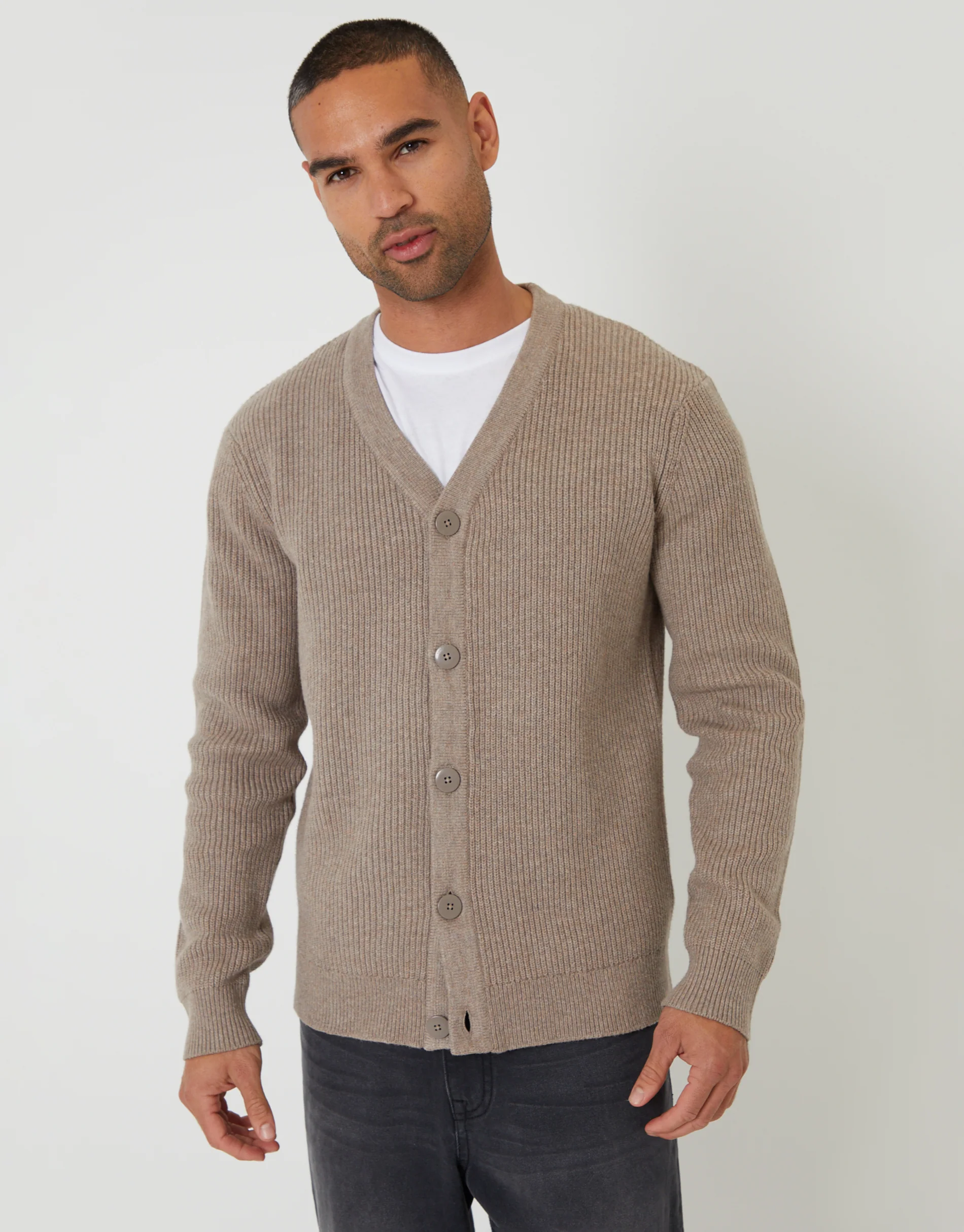 Rib Knit Button Up Cardigan in Taupe