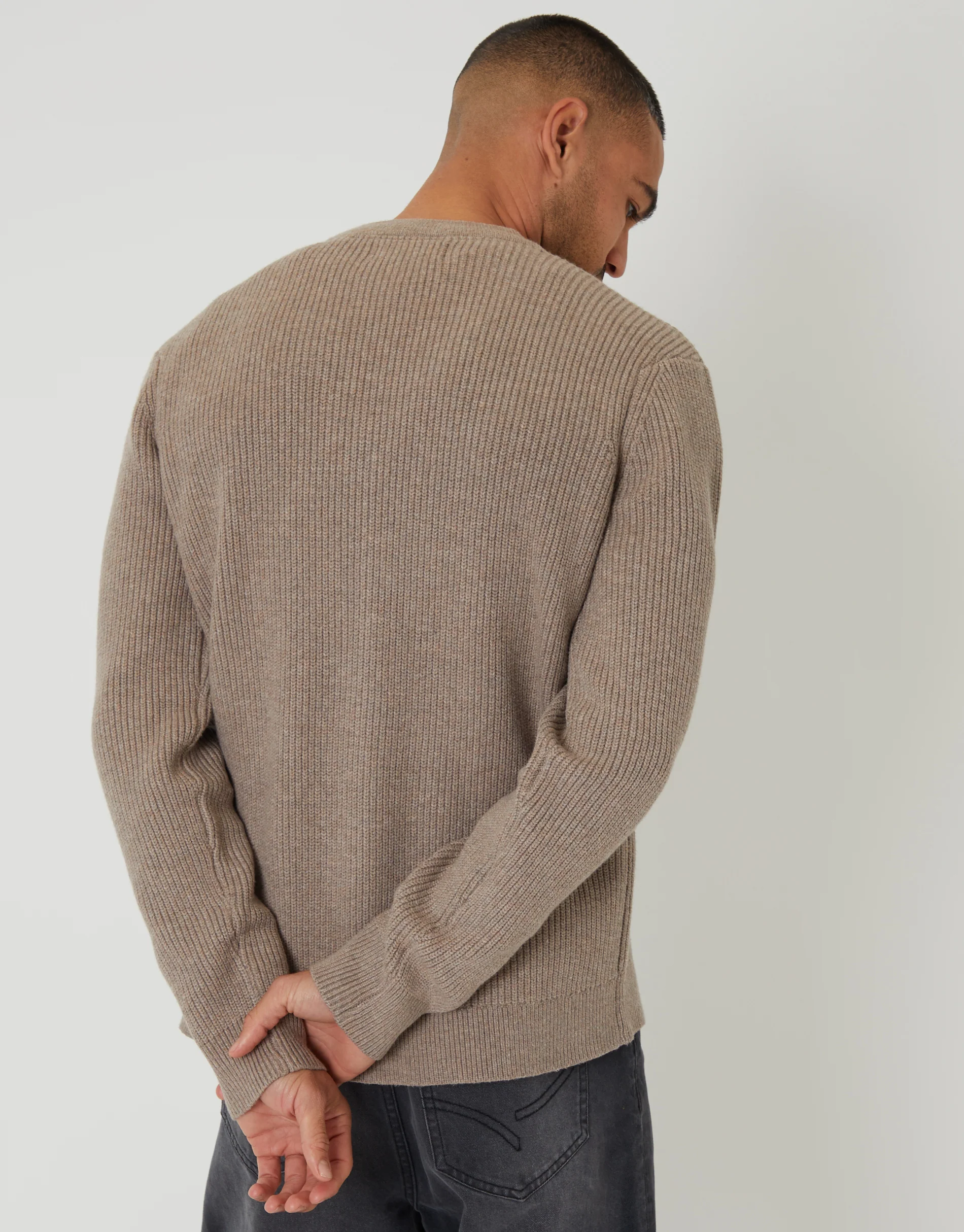 Rib Knit Button Up Cardigan in Taupe - Image 2