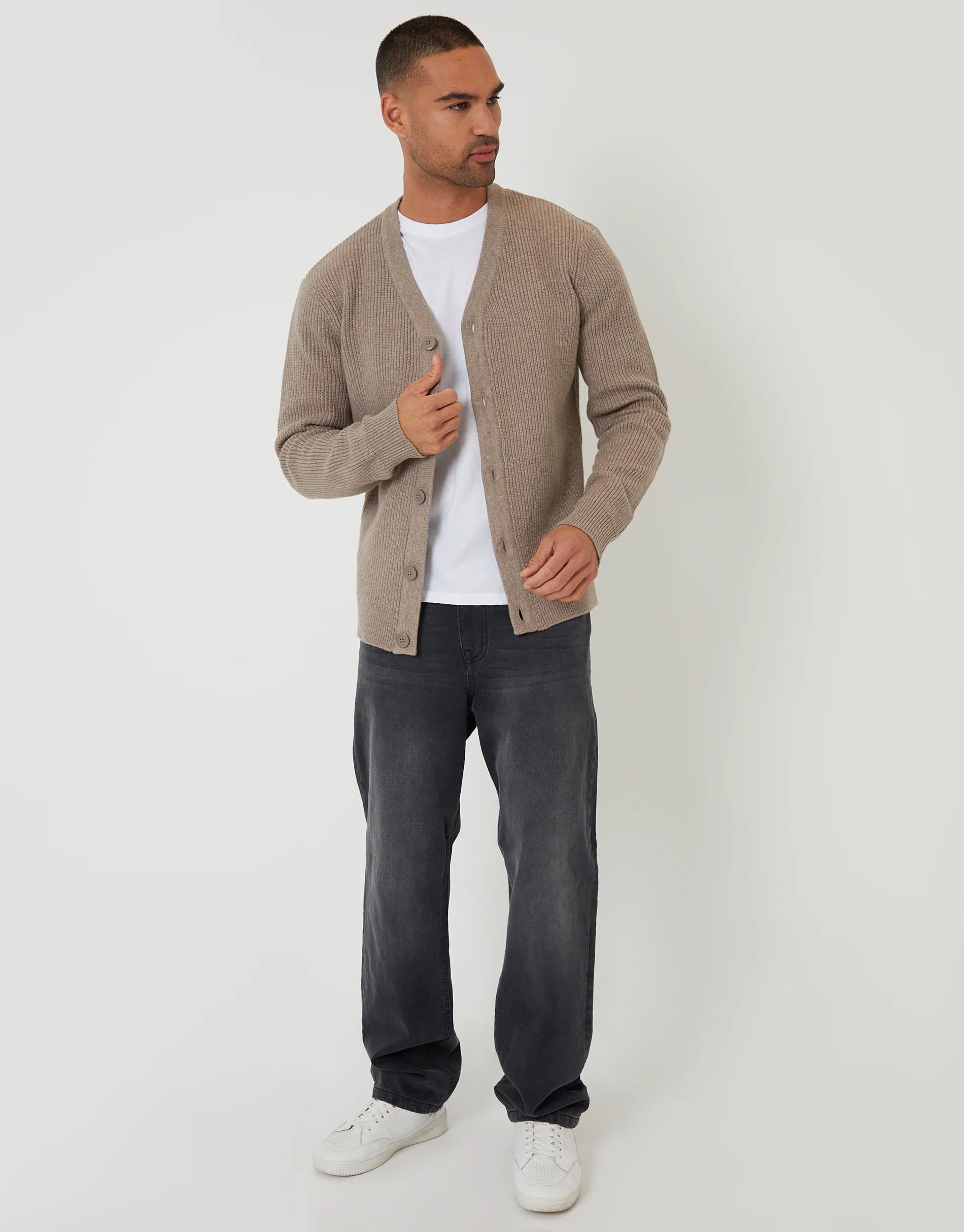 Rib Knit Button Up Cardigan in Taupe - Image 3