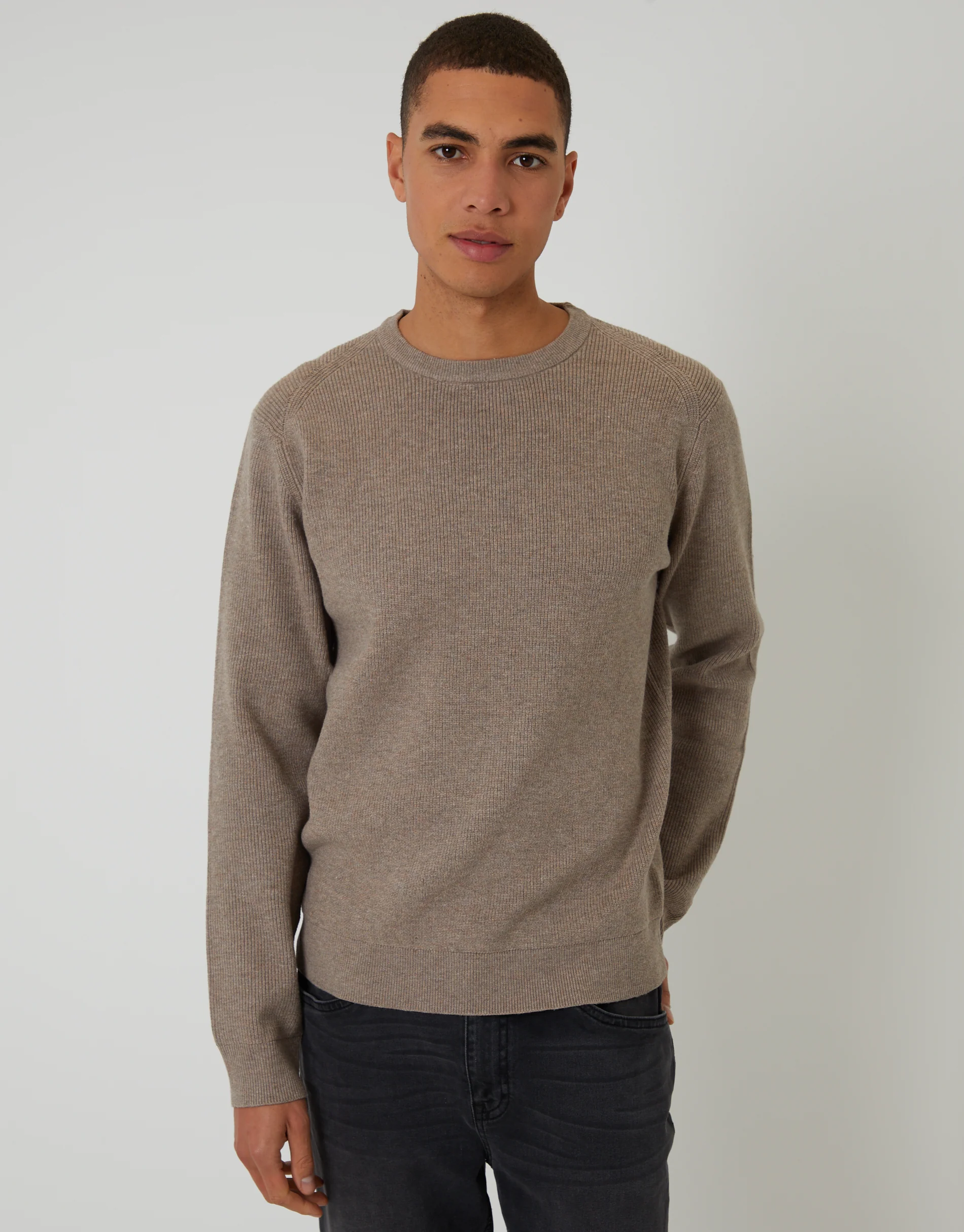 Rib Knit Crew Neck Jumper in Taupe