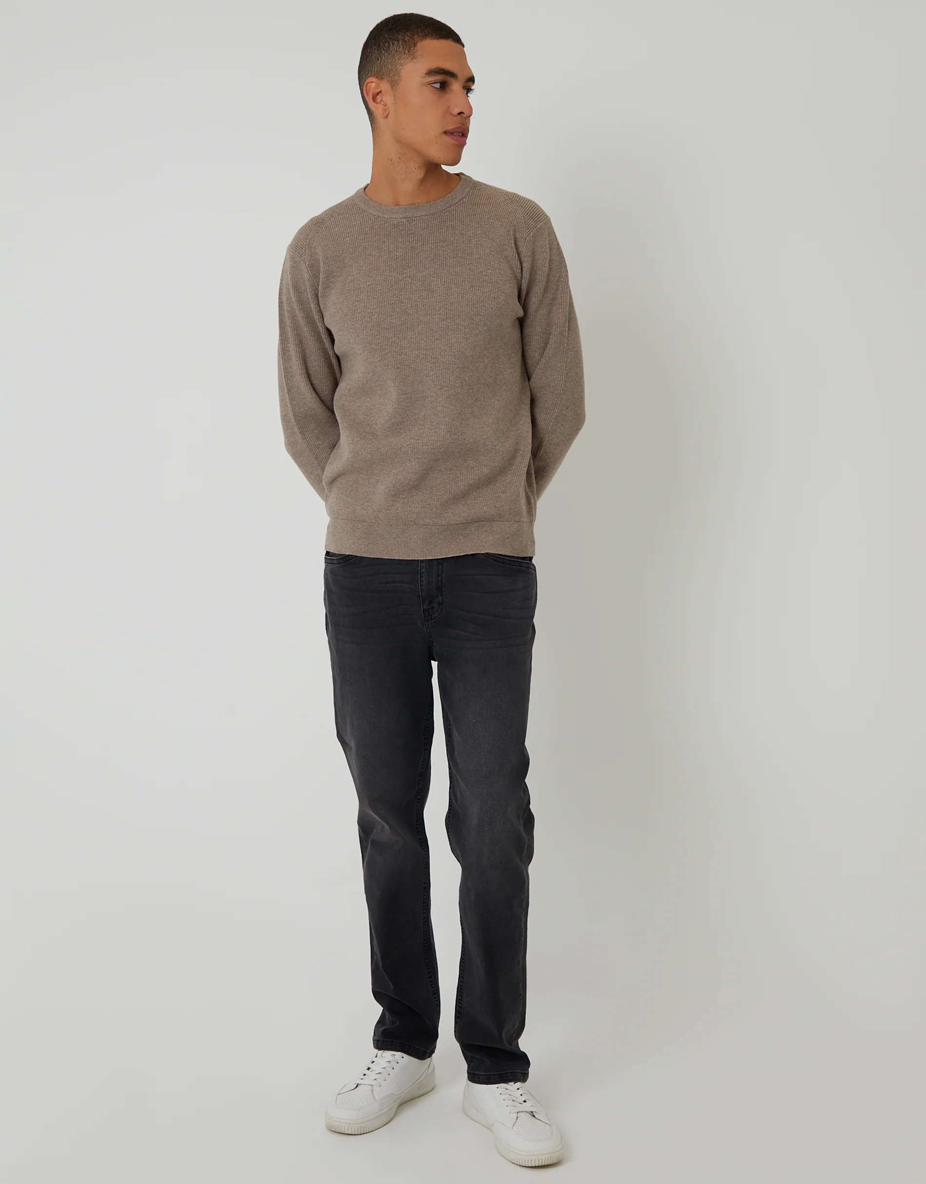 Rib Knit Crew Neck Jumper in Taupe - Image 3