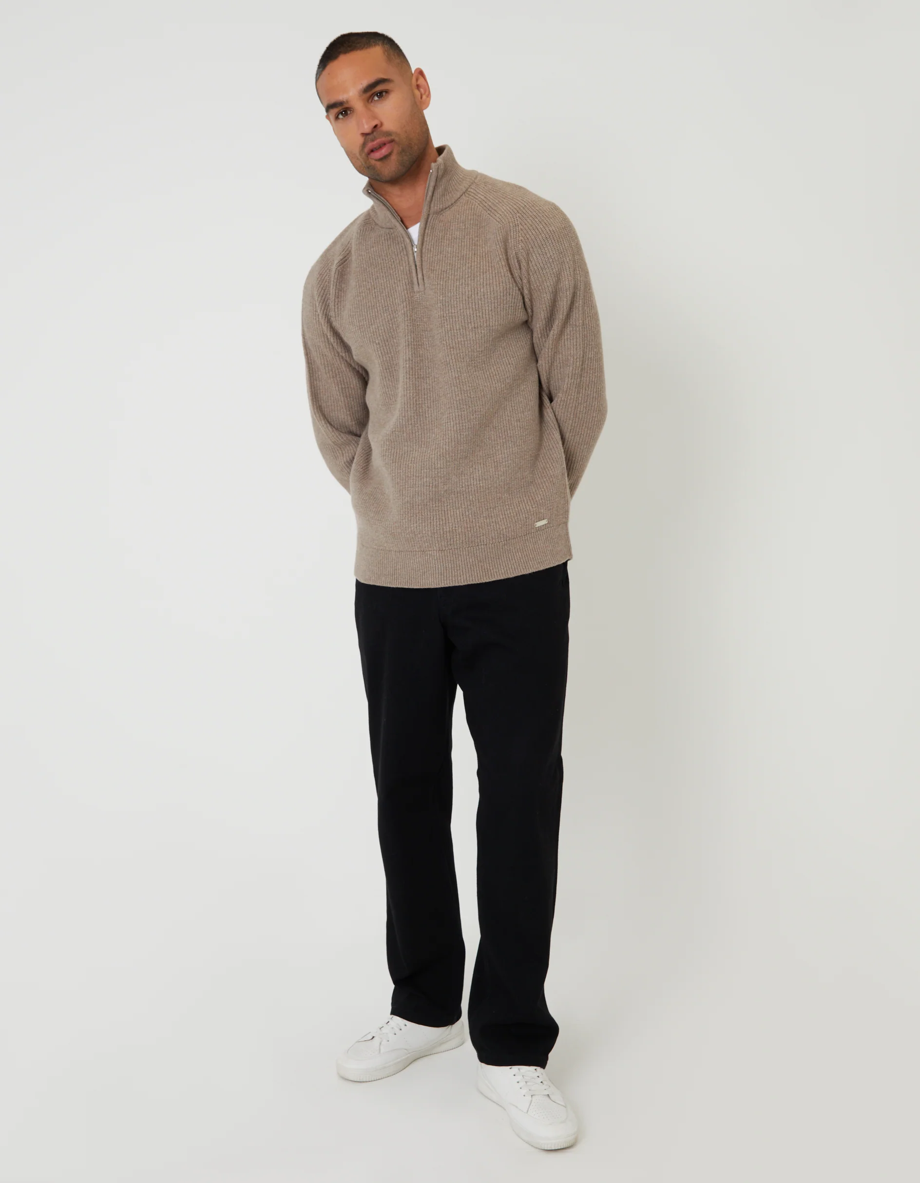 Rib Panel Quarter Zip Knitted Jumper in Taupe - Image 3