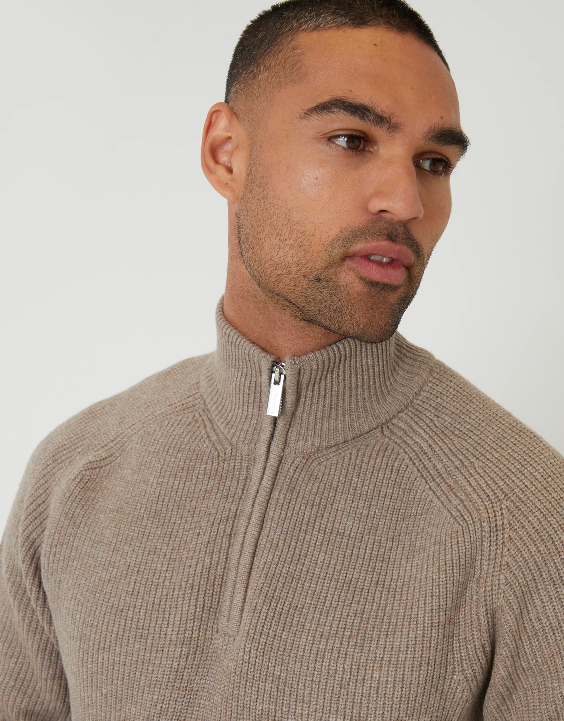 Rib Panel Quarter Zip Knitted Jumper in Taupe - Image 4